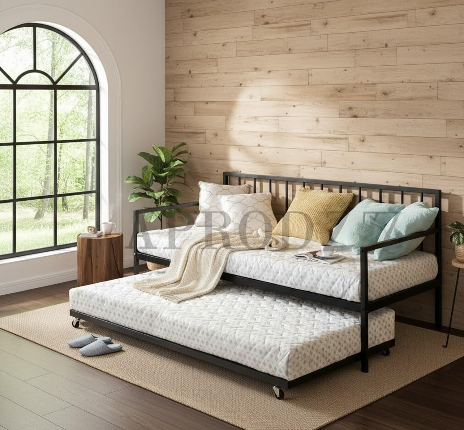 Image of APRODZ Twin Size Metal Daybed with Trundle Bed Metal Single Bed, 195.6 cm x 83.8 cm (6.42 ft x 2.75 ft)