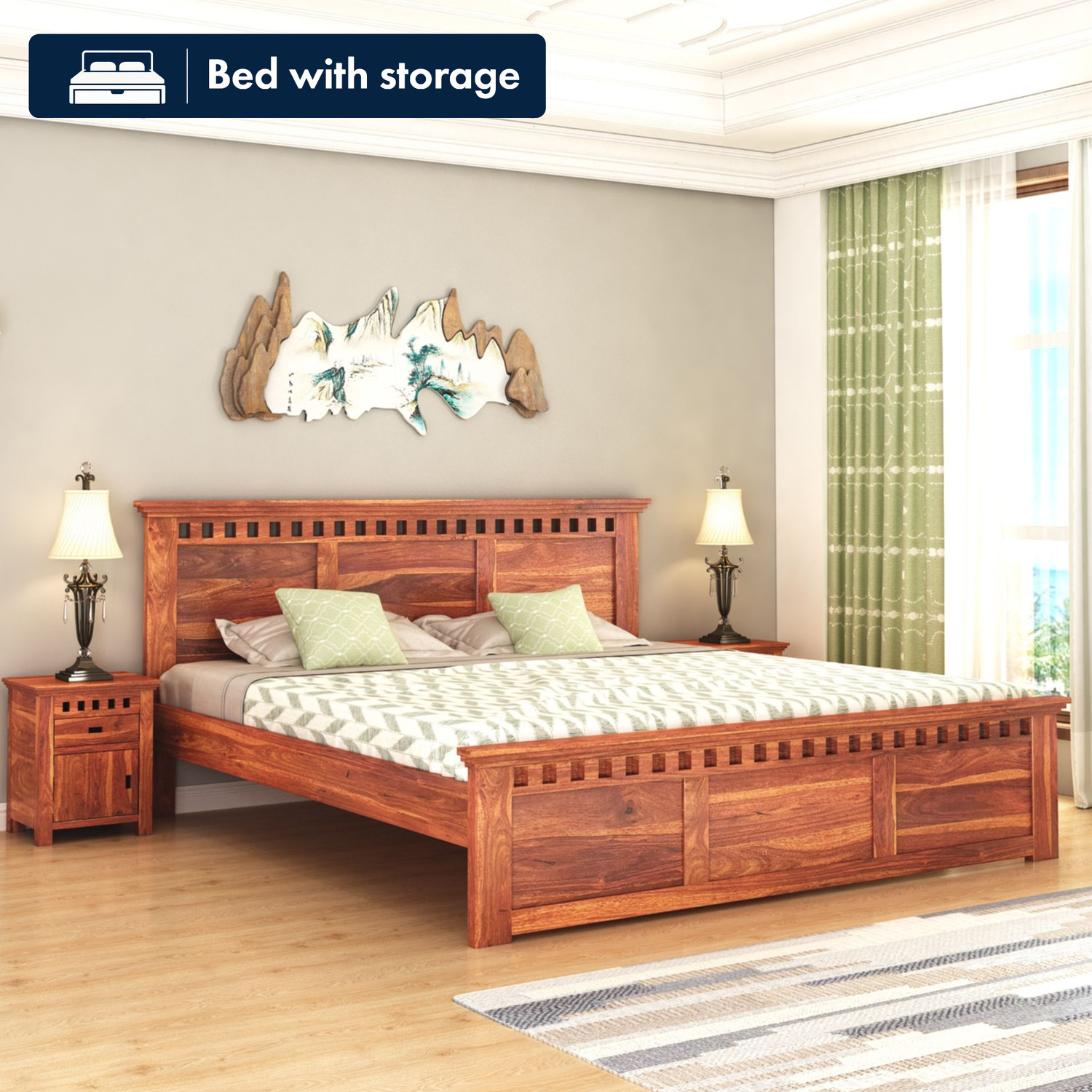 Image of SUNCROWN Modora Sheesham |Palang|Cot without Storage for Bedroom|Hotel|Living Room Solid Wood Queen Bed, 210.82 cm x 160 cm (6.92 ft x 5.25 ft)