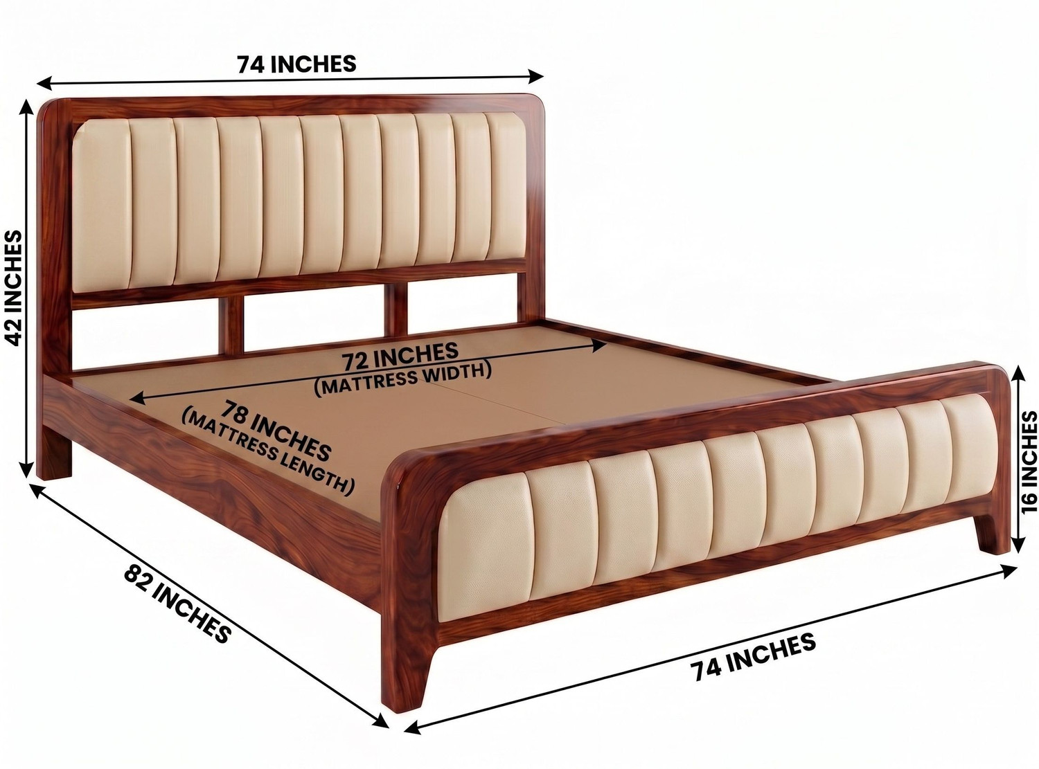 Image of Suncrown Furniture Sheesham Wood Double Bed with Cushioned Headboard & Footboard Without Storage | Solid Wood King Bed, 208.28 cm x 187.96 cm (6.83 ft x 6.17 ft) (Finish Color - Natural Honey, Delivery Condition - DIY(Do-It-Yourself))