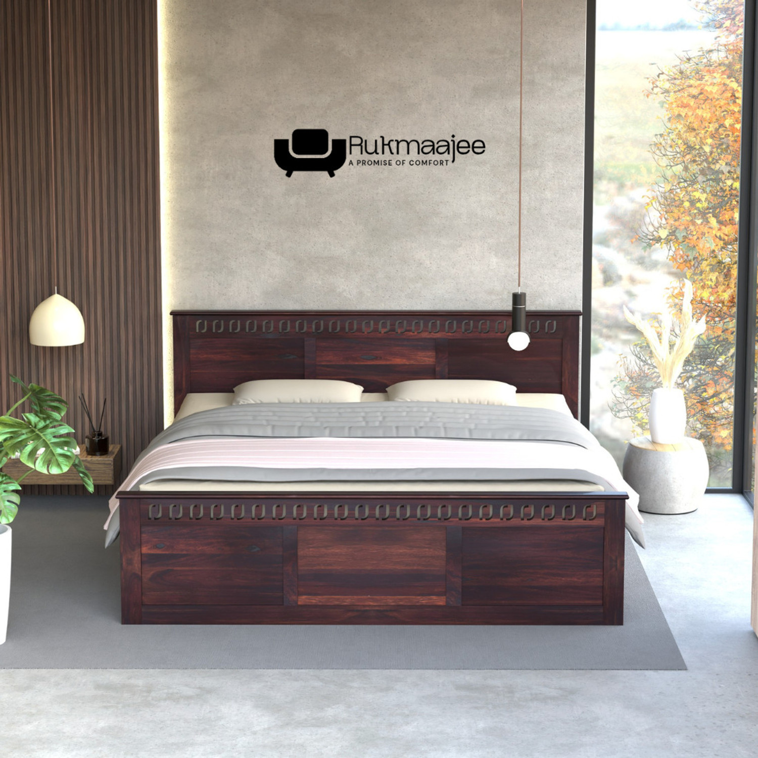 Image of Rukmaajee Walnut Series Solid Wood Queen Bed, 45 cm x 158 cm (1.48 ft x 5.18 ft)