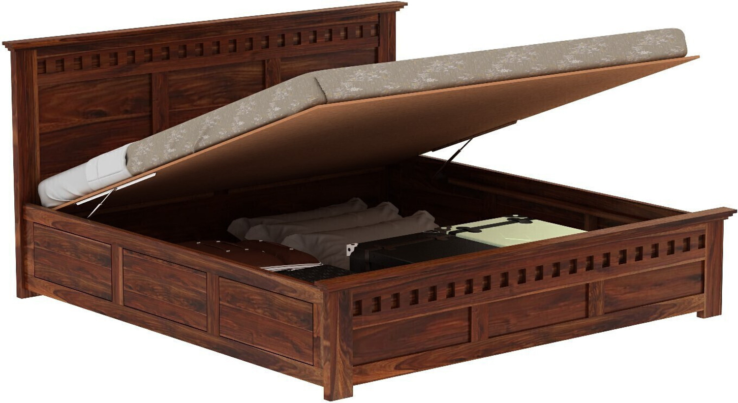 Image of WOODENJOY Sheesham Wood King Bed /Wooden Bed With Hydraulic Storage /Wooden Palaung For Home Solid Wood King Hydraulic Bed, 210.82 cm x 198.12 cm (6.92 ft x 6.5 ft)