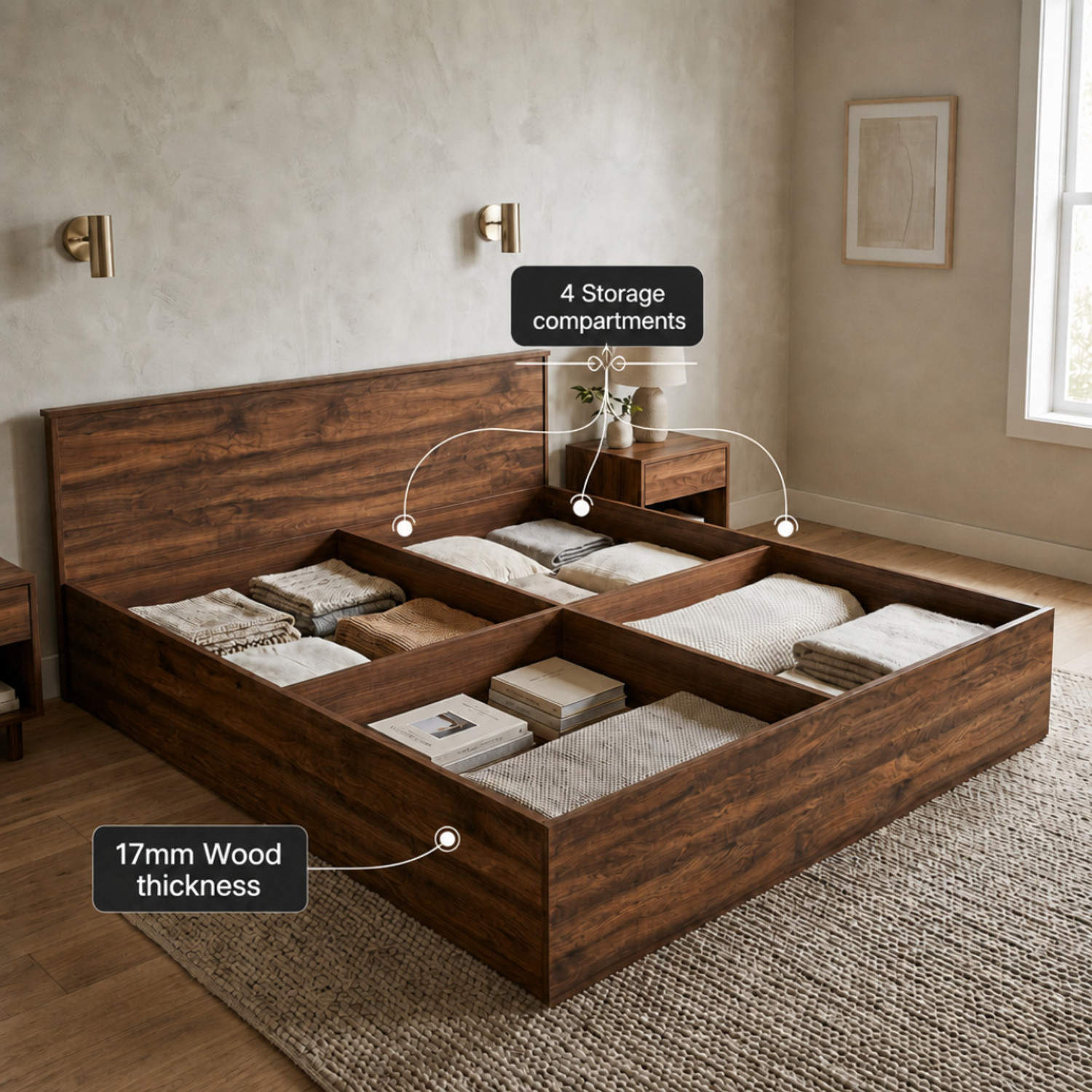 Image of Flipkart Perfect Homes Vona Bed 17mm Thick Board Bedroom Furniture Engineered Wood Queen Box Bed, 210 cm x 157 cm (6.89 ft x 5.15 ft)