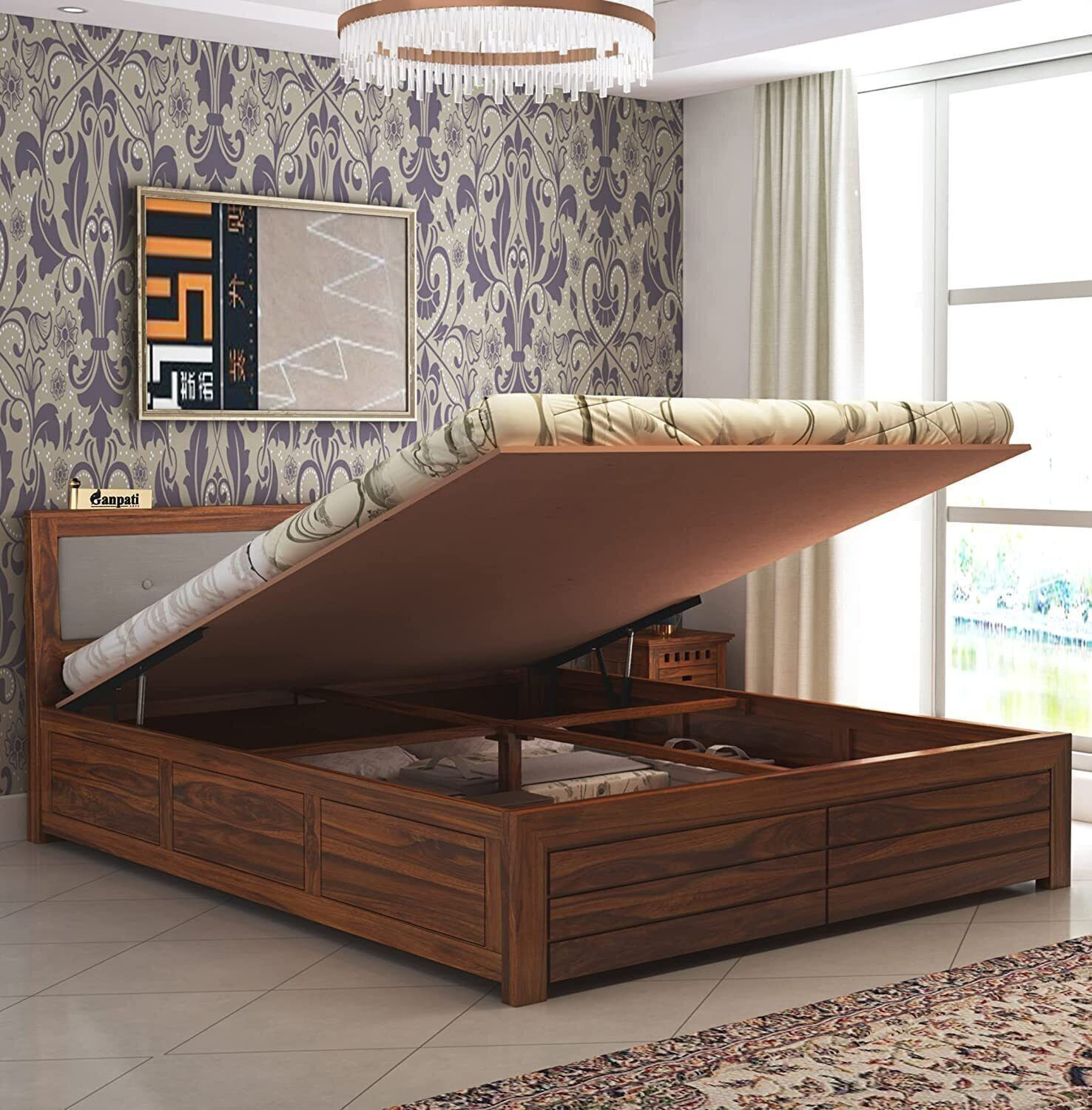 Image of Ganpati Arts Euro Sheesham Wood Bed /Cot With Hydraulic Storage | Solid Wood King Hydraulic Bed, 188 cm x 193 cm (6.17 ft x 6.33 ft)