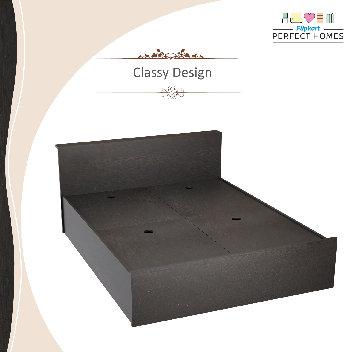 Image of Flipkart Perfect Homes Elysian Engineered Wood Queen Box Bed, 159 cm x 203.8 cm (5.22 ft x 6.69 ft) (Finish Color - Wenge, Delivery Condition - Knock Down)