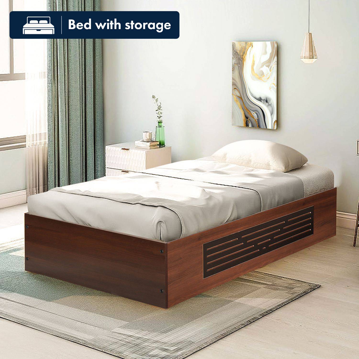 Trevi Primus Bed With Storage Engineered Wood Single NA Bed(Finish Color - Walnut, Delivery Condition - Knock Down) deal from flipkart