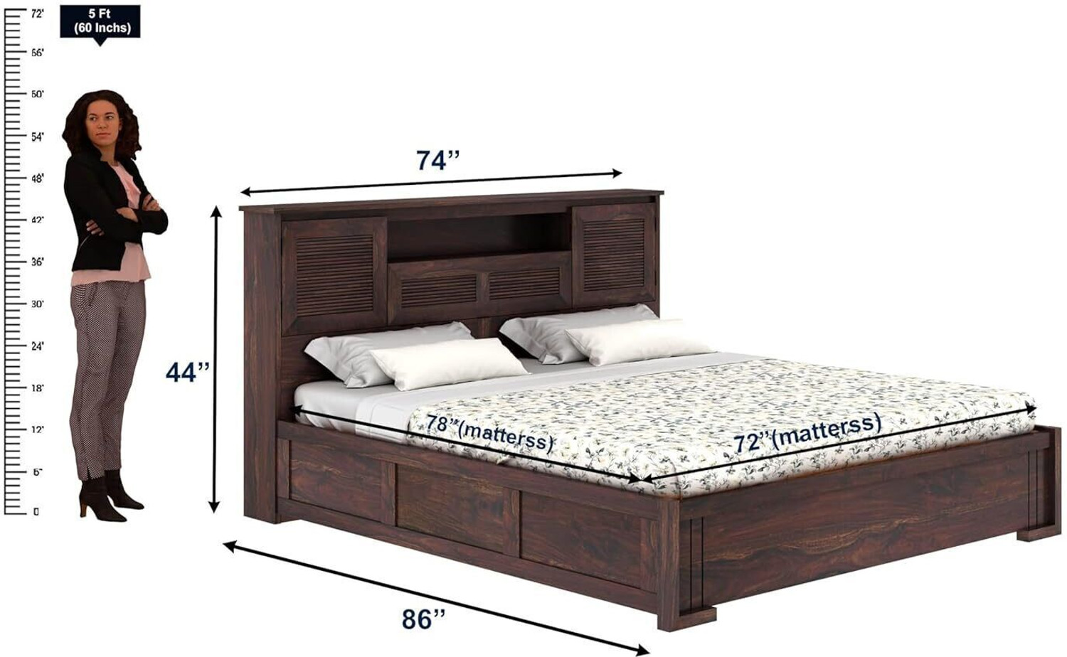 Image of Ganpati Arts Maharaja Groove Sheesham Wood Bed /Cot With Box Storage | Solid Wood Queen Box Bed, 218 cm x 157 cm (7.15 ft x 5.15 ft)