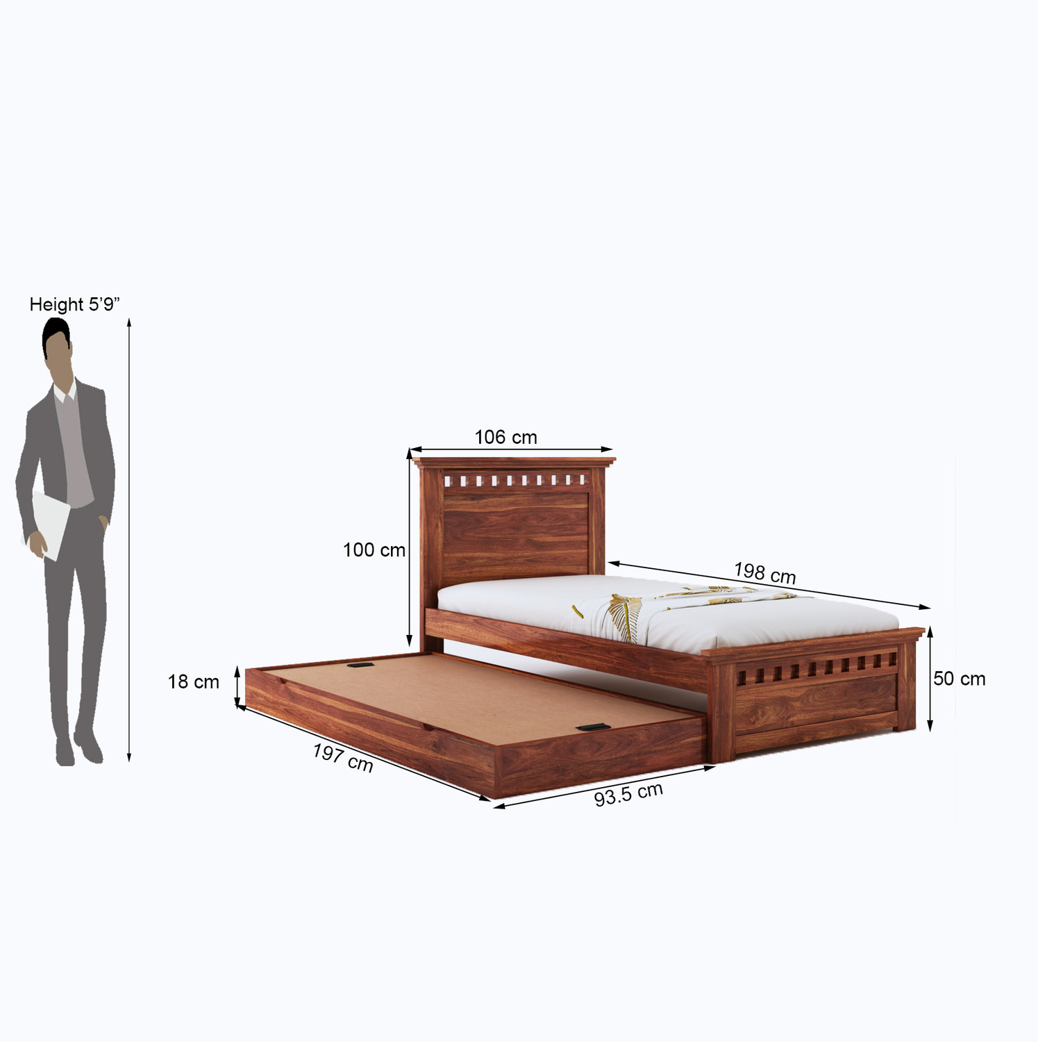 Image of Suncrown Furniture LeafLine Sheesham |Palang|Cot with Storage for Bedroom|Hotel|Living Room Solid Wood Single Drawer Bed, 198 cm x 106 cm (6.5 ft x 3.48 ft)
