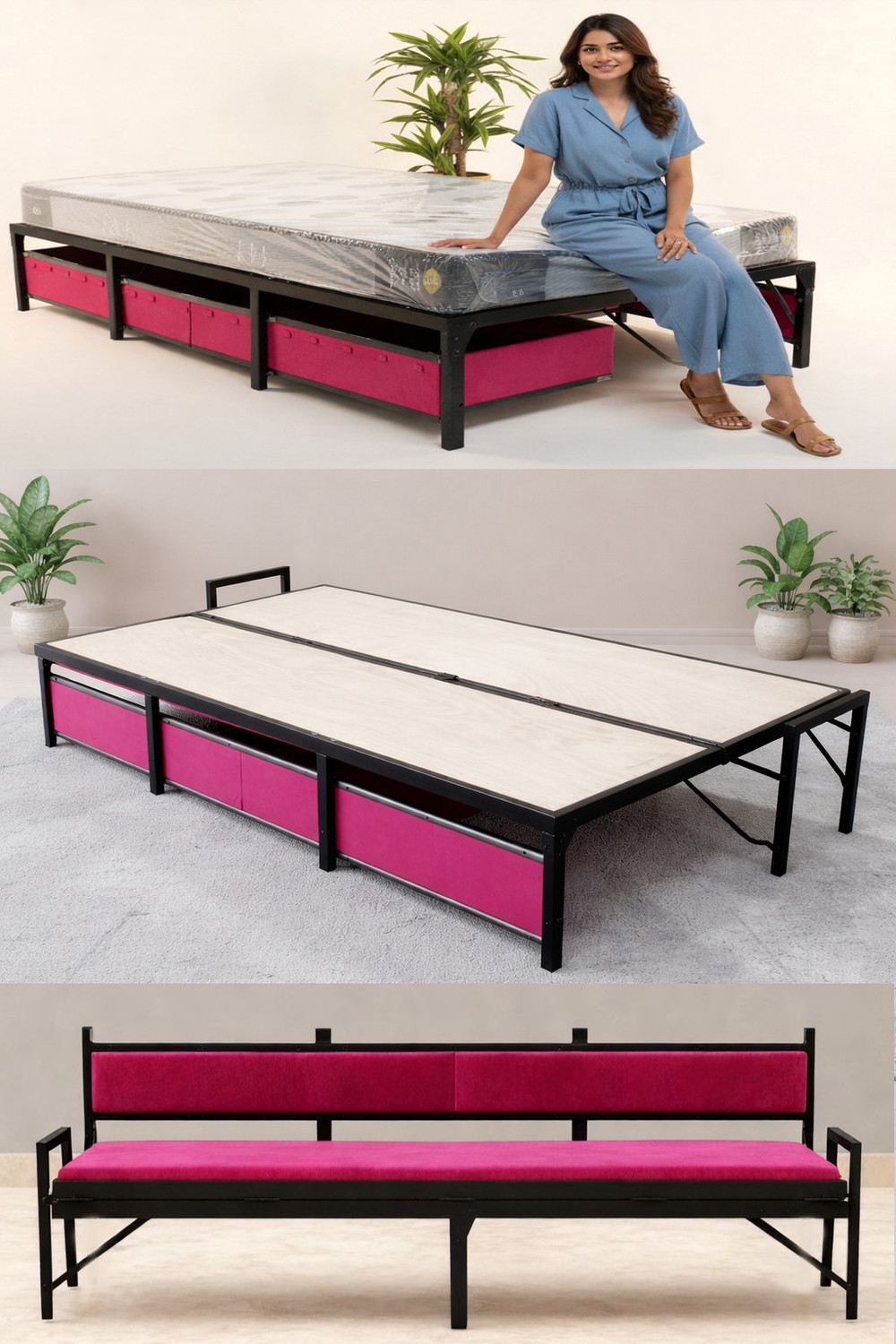 Image of HKAASHI BED CUM SOFA OF METAL FRAME Metal Double Bed, 183 cm x 120 cm (6.0 ft x 3.94 ft)