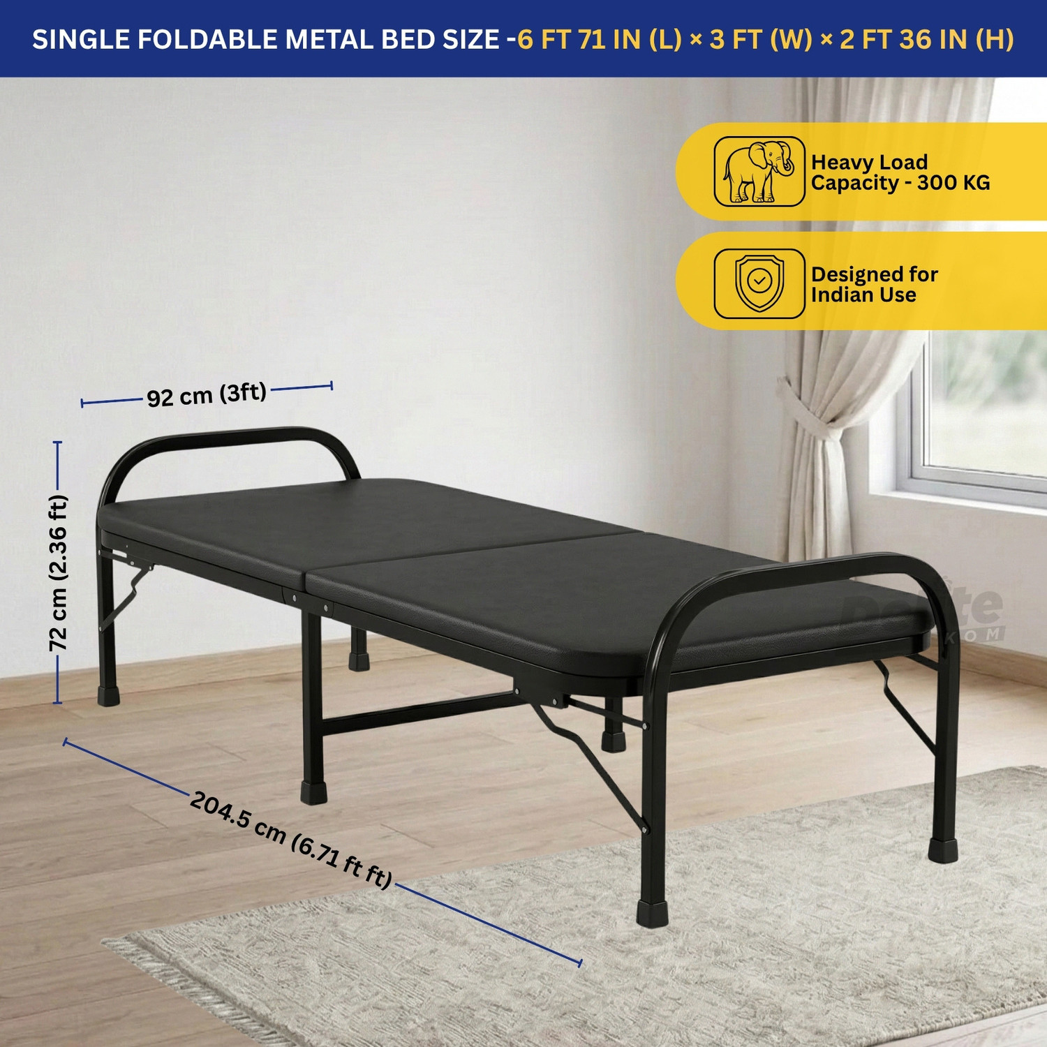 Image of Delite Kom Thor Foldable Metal Single Bed (6.7x3ft) No Install 1 Year Warranty Metal Single Bed, 204.5 cm x 92 cm (6.71 ft x 3.02 ft)