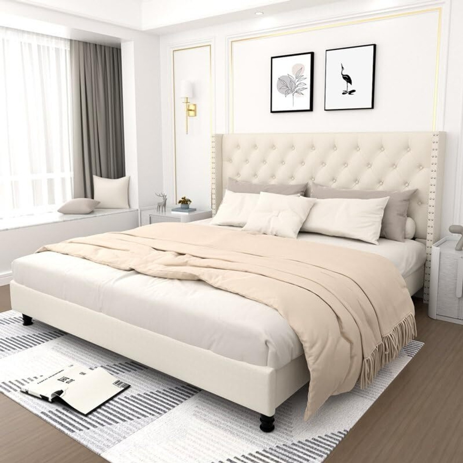 Image of Taskwood Furniture Fabric King Size Bed With Diamond Line Headboard Without Storage For Bedroom Engineered Wood King Bed, 211 cm x 190 cm (6.92 ft x 6.23 ft)