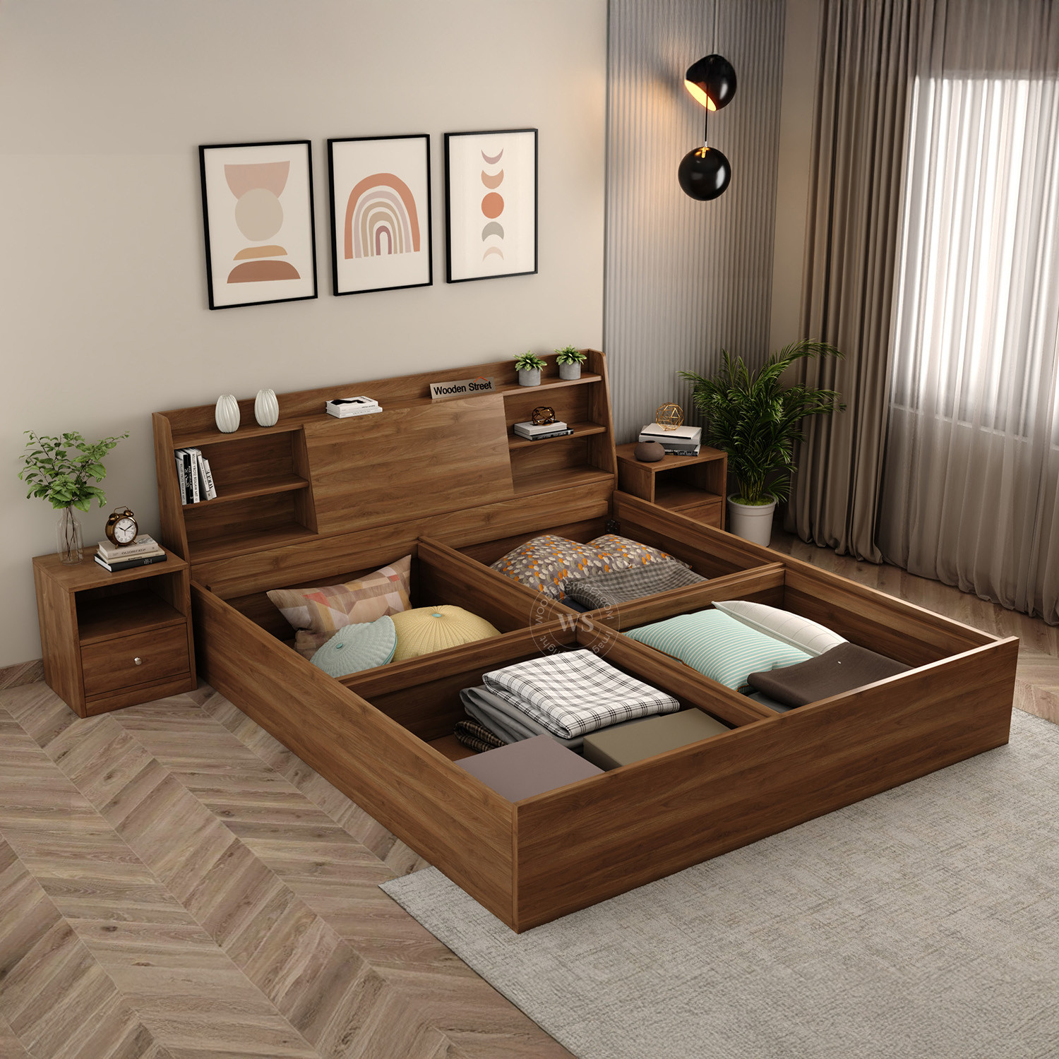 Image of Wooden Street Celestia Engineered Wood Bed With Hydraulic Storage (King Size, CWF) Engineered Wood King Box Bed, 208.2 cm x 187.9 cm (6.83 ft x 6.16 ft)
