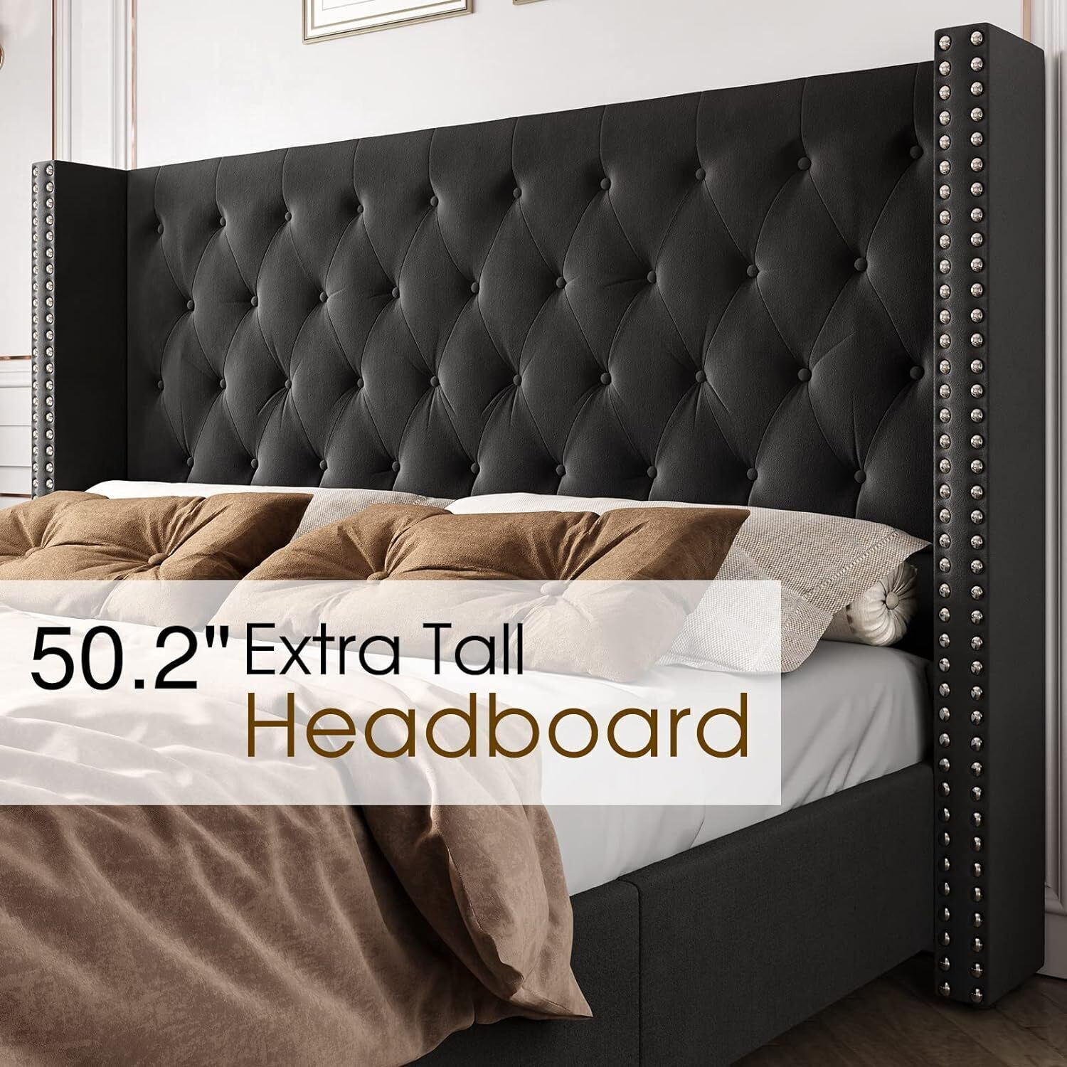 Image of FEBERICA Engineered Wood Fabric Queen Size Bed with Upholstered Headboard for Bedroom | Engineered Wood Queen Bed, 165.1 cm x 210.82 cm (5.42 ft x 6.92 ft)