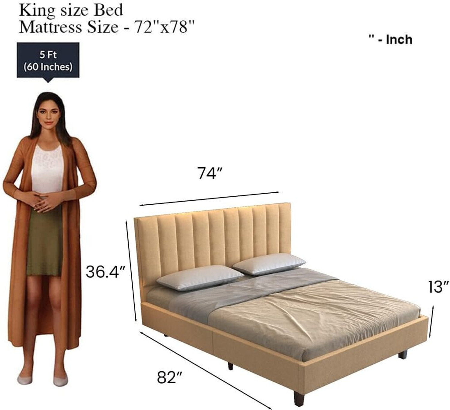 Image of DMKDecor Solid Wood King Bed, 208 cm x 187 cm (6.82 ft x 6.14 ft)