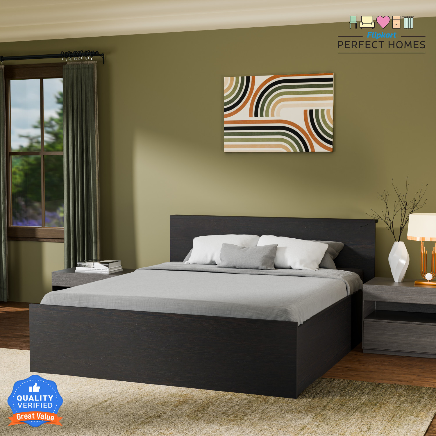 Image of Flipkart Perfect Homes Elysian Engineered Wood Queen Box Bed, 159 cm x 203.8 cm (5.22 ft x 6.69 ft) (Finish Color - Wenge, Delivery Condition - Knock Down)