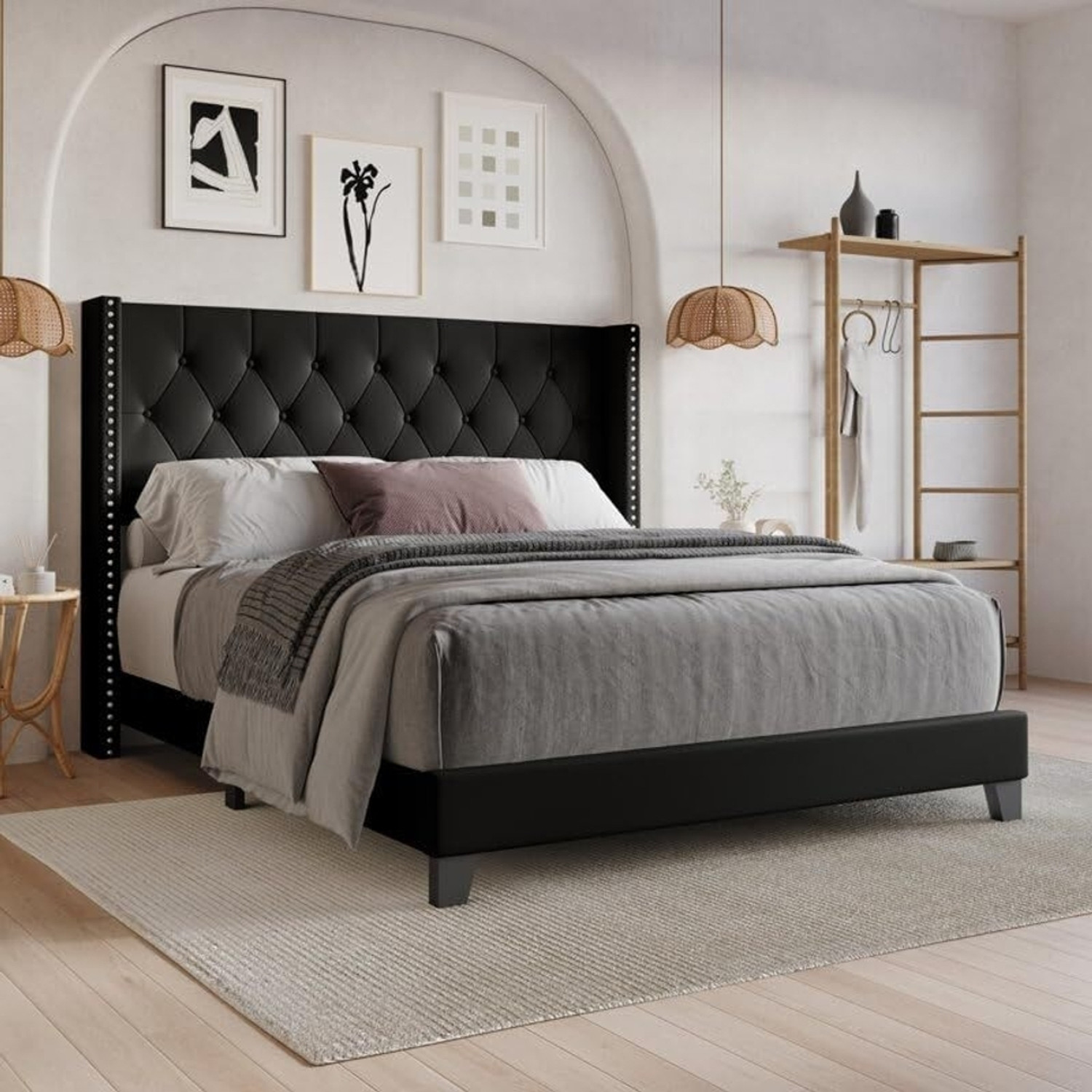 Image of FEBERICA Engineered Wood Fabric Queen Size Bed with Upholstered Headboard for Bedroom | Engineered Wood Queen Bed, 165.1 cm x 210.82 cm (5.42 ft x 6.92 ft)