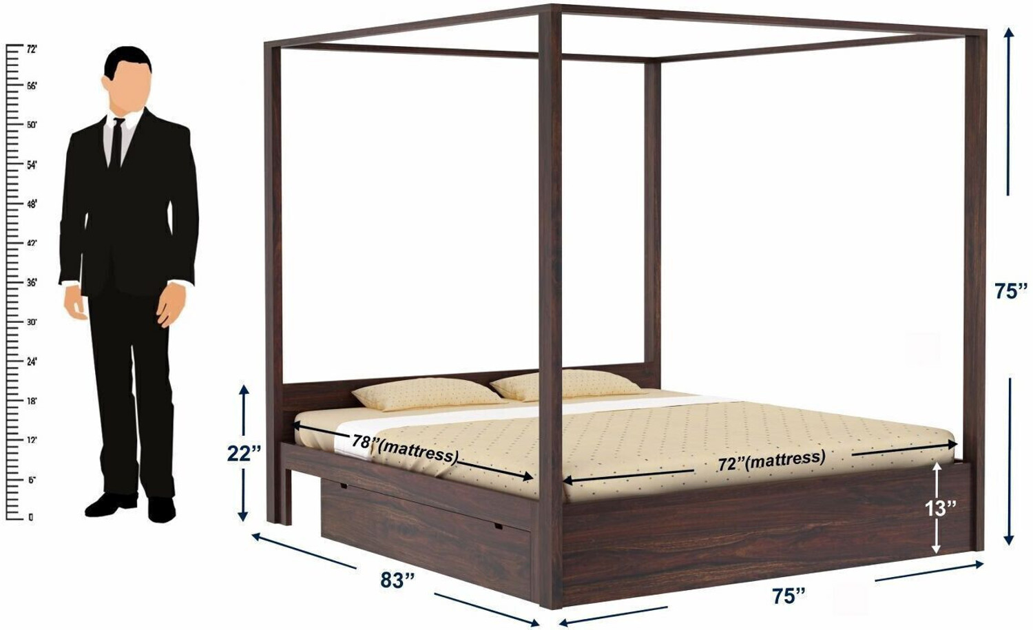 Image of WOODENJOY Sheesham Wood King Bed With Drawers Storage /Wooden Bed With Storage For Home Solid Wood King Drawer Bed, 210.82 cm x 190.5 cm (6.92 ft x 6.25 ft) (Finish Color - Walnut finish, Delivery Condition - DIY(Do-It-Yourself))