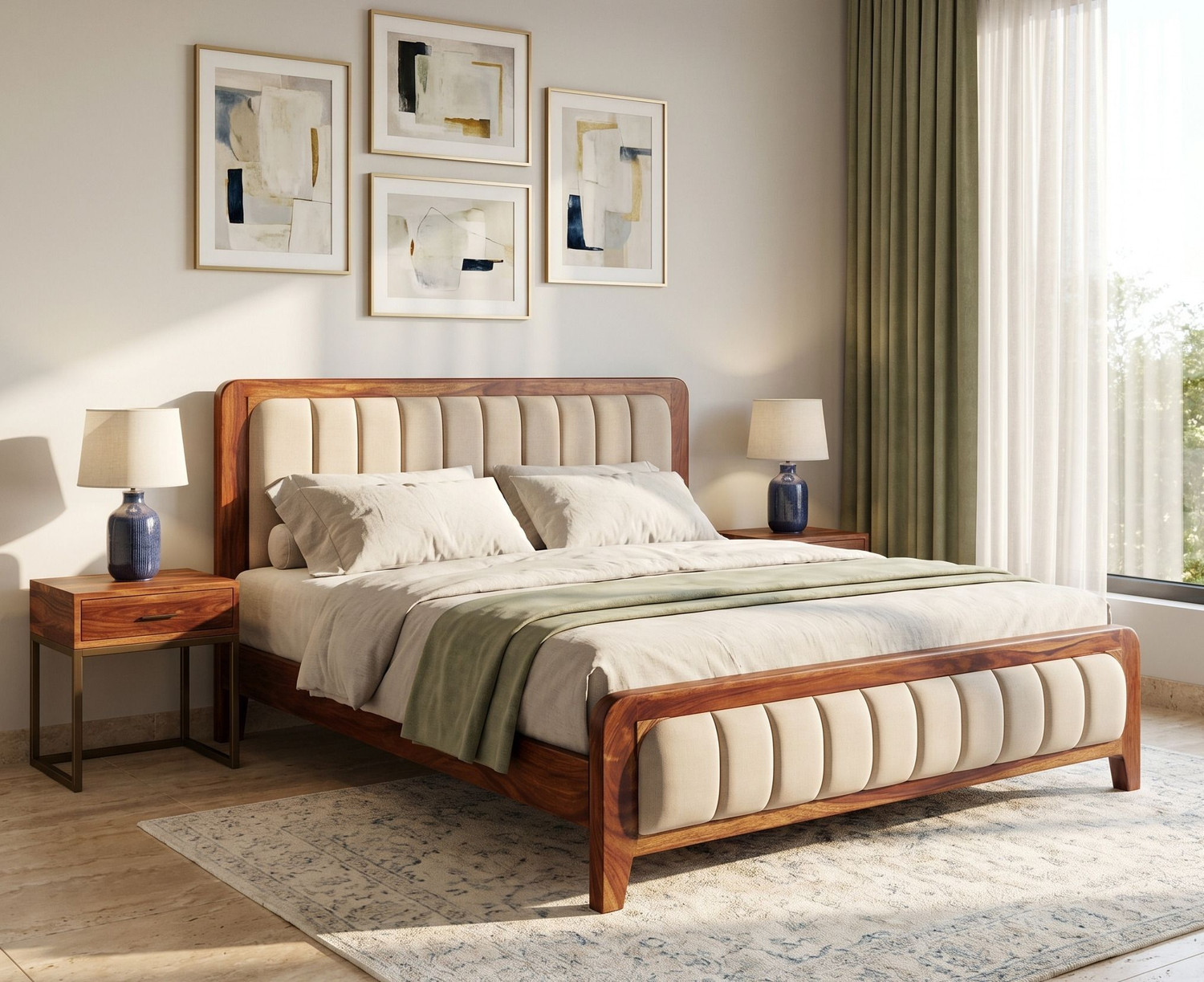 Image of Suncrown Furniture Sheesham Wood Double Bed with Cushioned Headboard & Footboard Without Storage | Solid Wood King Bed, 208.28 cm x 187.96 cm (6.83 ft x 6.17 ft) (Finish Color - Natural Honey, Delivery Condition - DIY(Do-It-Yourself))