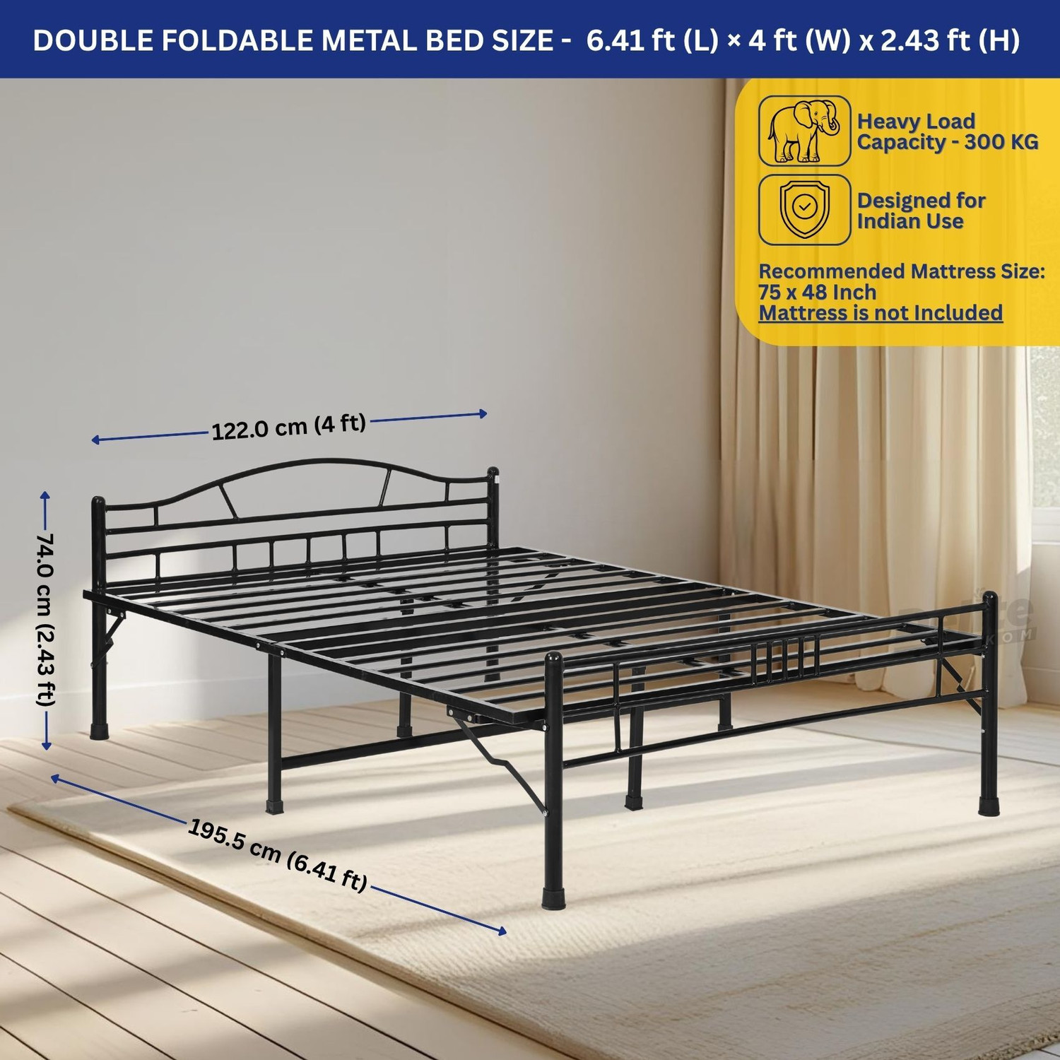 Image of Delite Kom Lyra Foldable Metal Double Bed (6.7x4ft) | No Install | 1 Year Warranty | Strong Metal Double Bed, 204.5 cm x 122 cm (6.71 ft x 4.0 ft)
