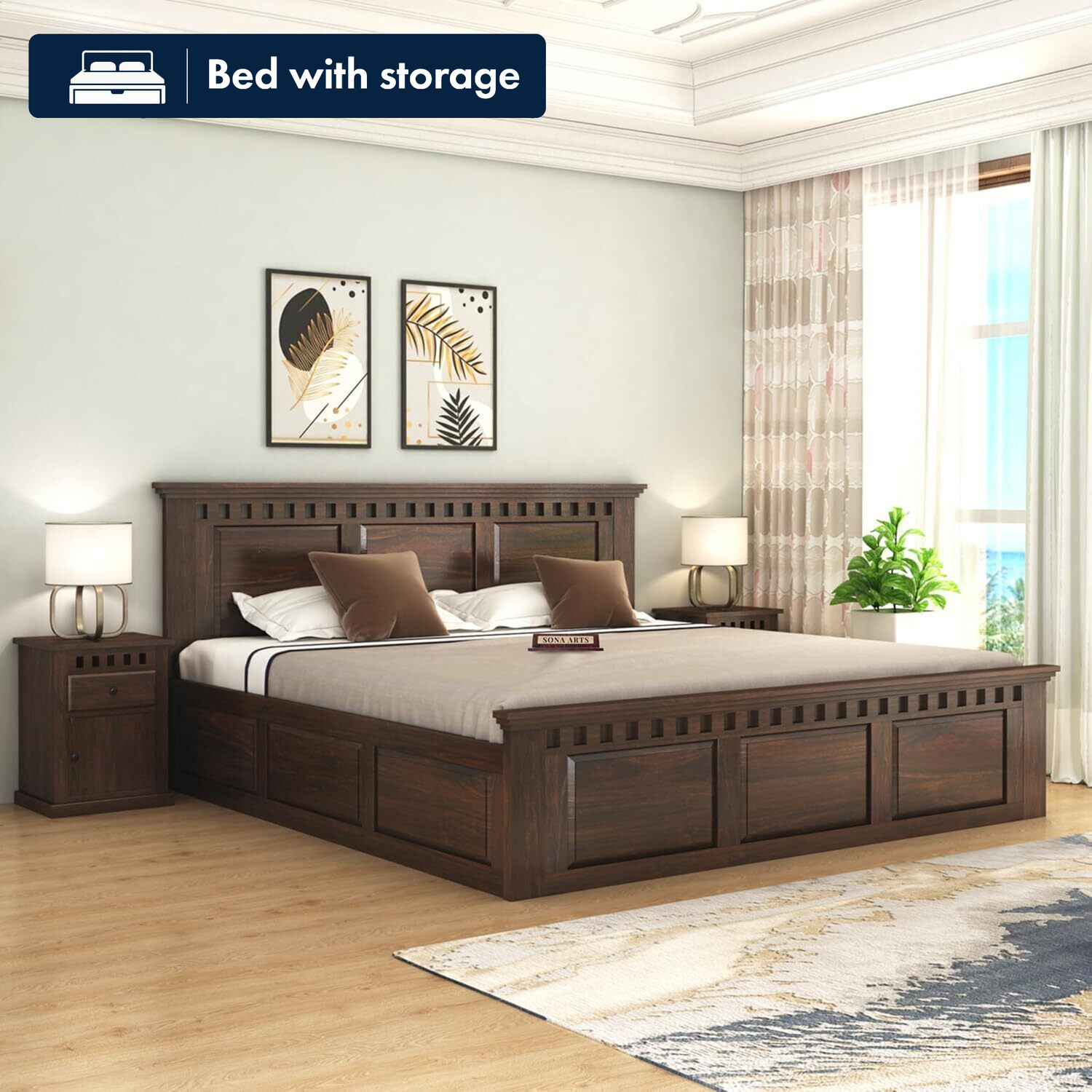 Image of SONA ART & CRAFTS Kuber Sheesham Wood King Size Bed with Storage Box Solid Wood King Box Bed, 208 cm x 190 cm (6.82 ft x 6.23 ft)