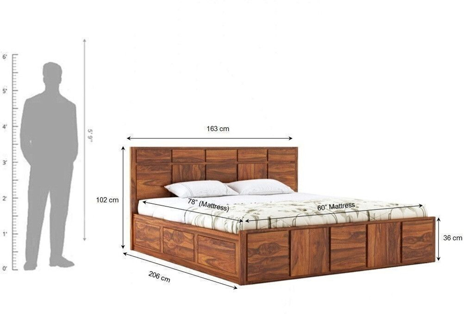 Image of Ganpati Arts Scott Sheesham Wood Bed /Cot With Hydraulic Storage | Solid Wood Queen Hydraulic Bed, 206 cm x 163 cm (6.76 ft x 5.35 ft)