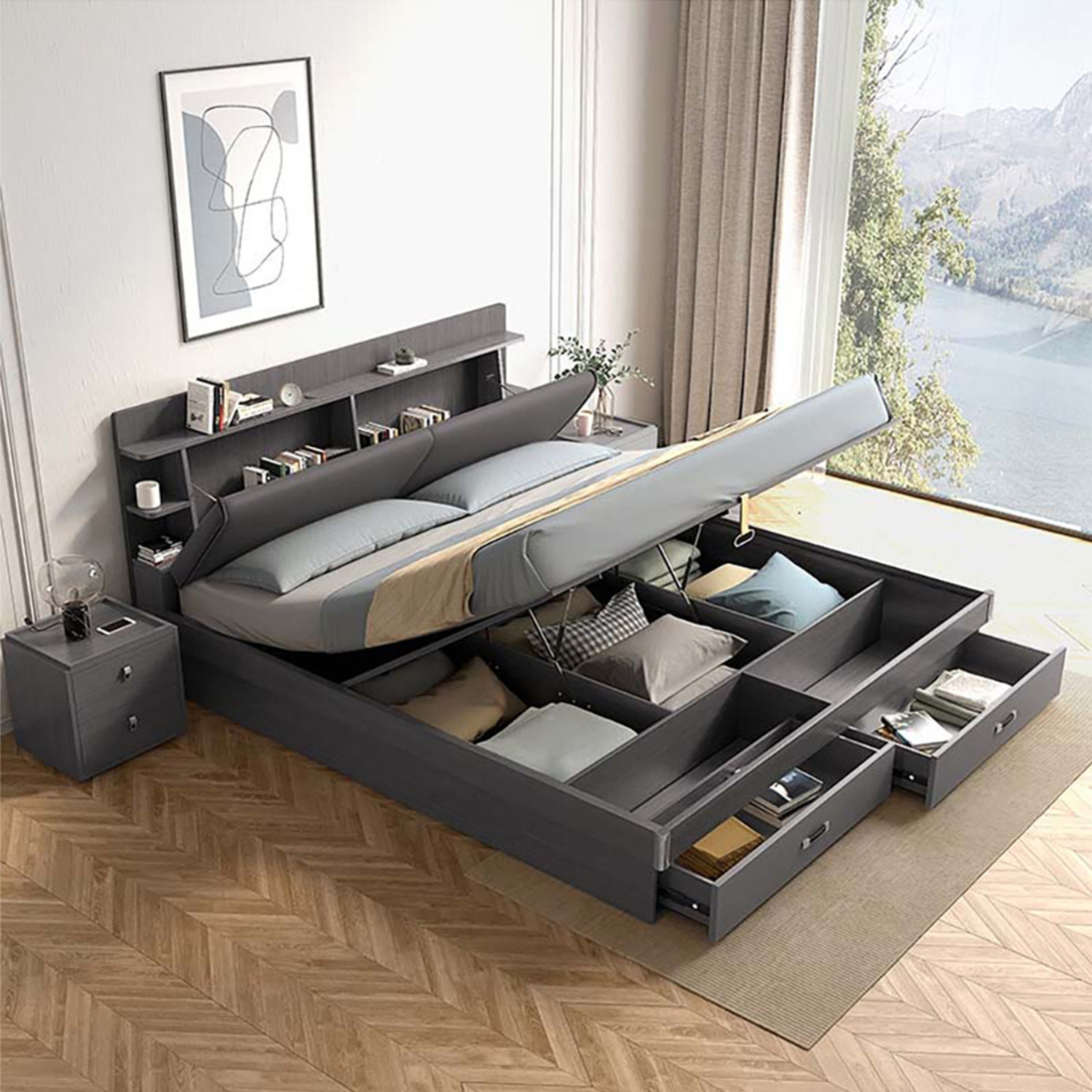 Image of RoyalOak Royaloak Tivoli Italian Engineered Wood Queen Hydraulic Bed, 35 cm x 61.4 cm (1.15 ft x 2.01 ft)