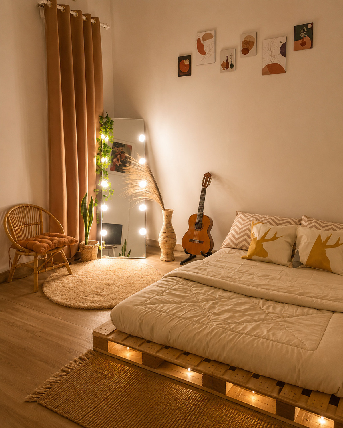 Image of Wakeflow Nordic Solid Pine Wood Pallet Bed Minimalist Platform Floor Frame Natural Finish Solid Wood Double Bed, 122 cm x 92 cm (4.0 ft x 3.02 ft)