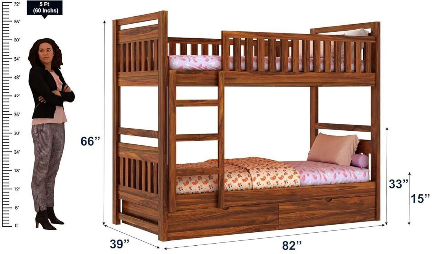 Image of Ganpati Arts Sheesham Wood Swift Bunk Bed With2 Drawer Storage For Kids Bed /Kids Room Solid Wood Single Drawer Bed, 208.28 cm x 99.06 cm (6.83 ft x 3.25 ft)
