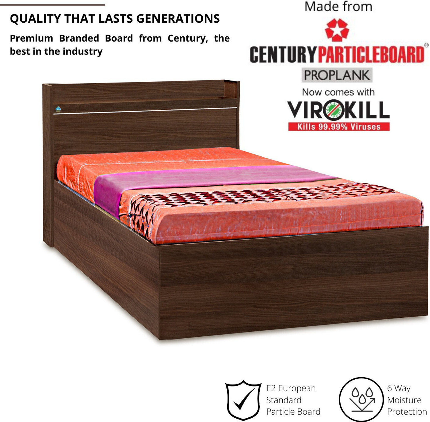Image of Delite Kom Cherry Single Bed | with Box & Headboard Storage | Assembly Included | Engineered Wood Single Box Bed, 213 cm x 96 cm (6.99 ft x 3.15 ft)