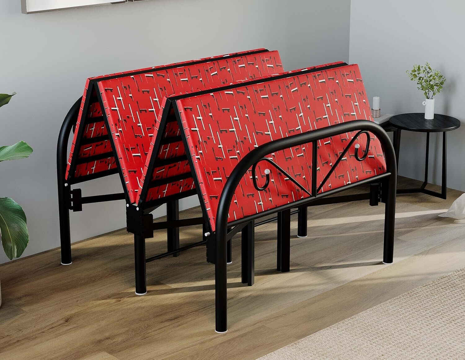 Image of Sahni Foldable Furniture Iron /Metal /Steel Single Folding Bed with Attached Mattress | Metal Single Bed, 183 cm x 91 cm (6.0 ft x 2.99 ft)