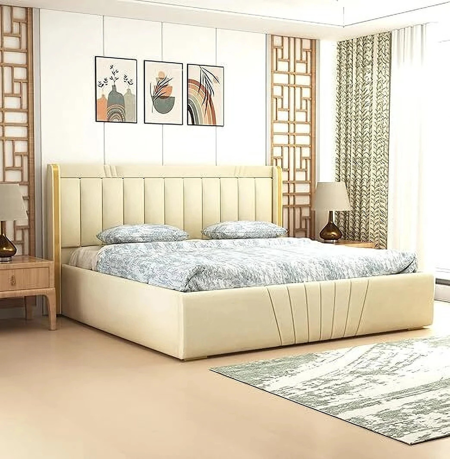 MODESTY WOODS Upholstered Wooden Double Bed with Box Storage for