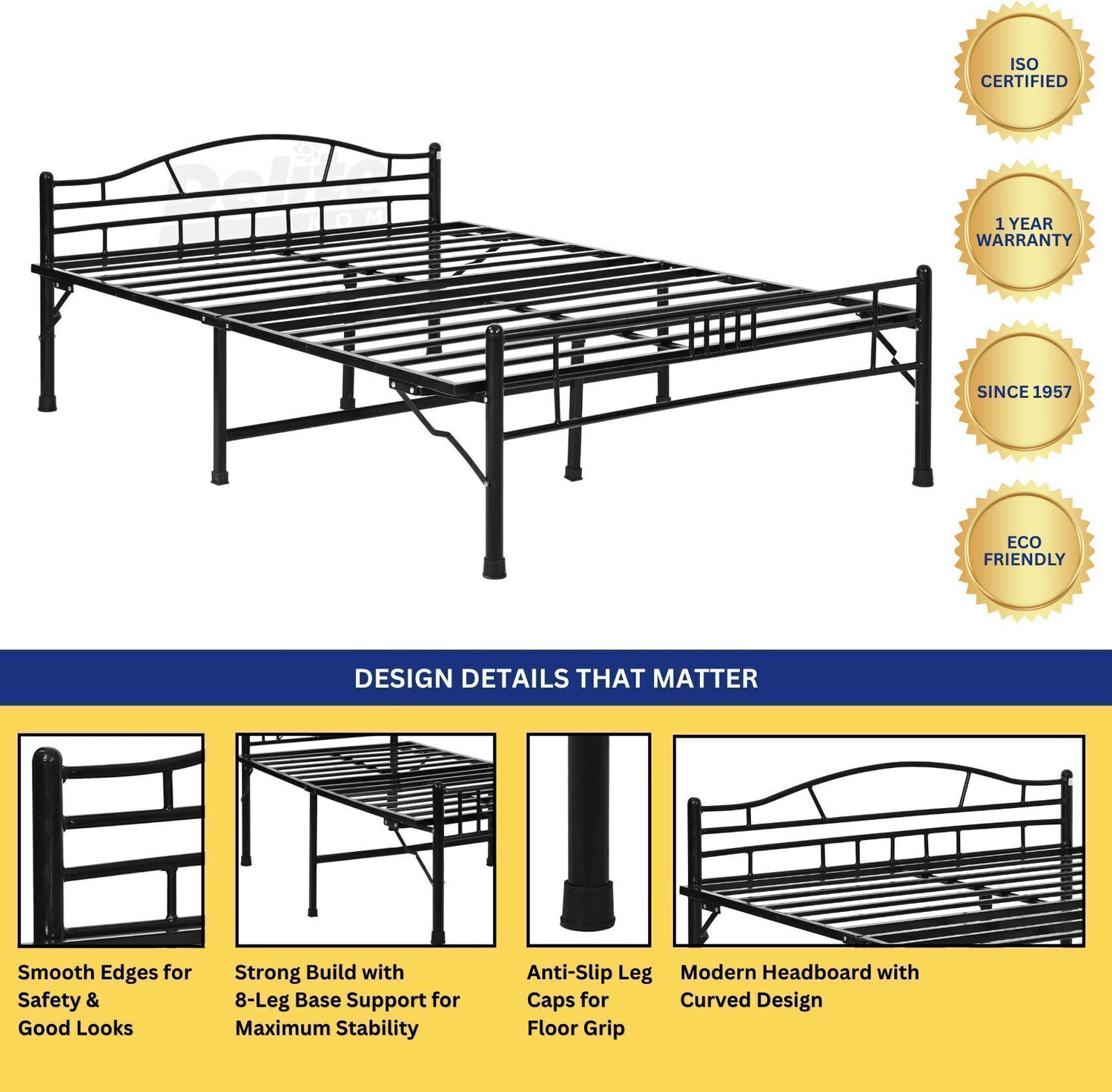 Image of Delite Kom Lyra Foldable Metal Double Bed (6.7x4ft) | No Install | 1 Year Warranty | Strong Metal Double Bed, 204.5 cm x 122 cm (6.71 ft x 4.0 ft)