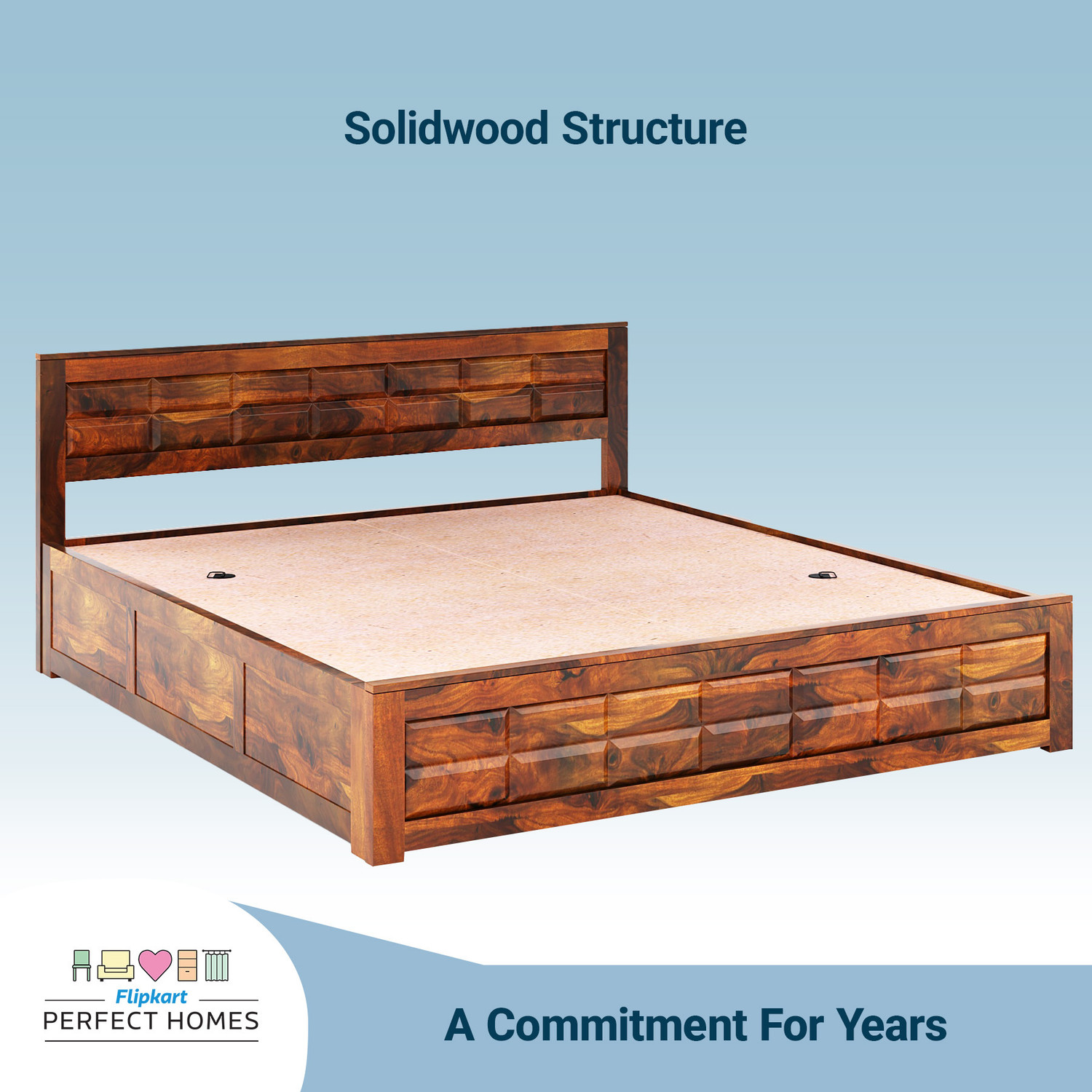 Image of Flipkart Perfect Homes Vigorous Solid Wood Queen Box Bed, 206 cm x 157 cm (6.76 ft x 5.15 ft)