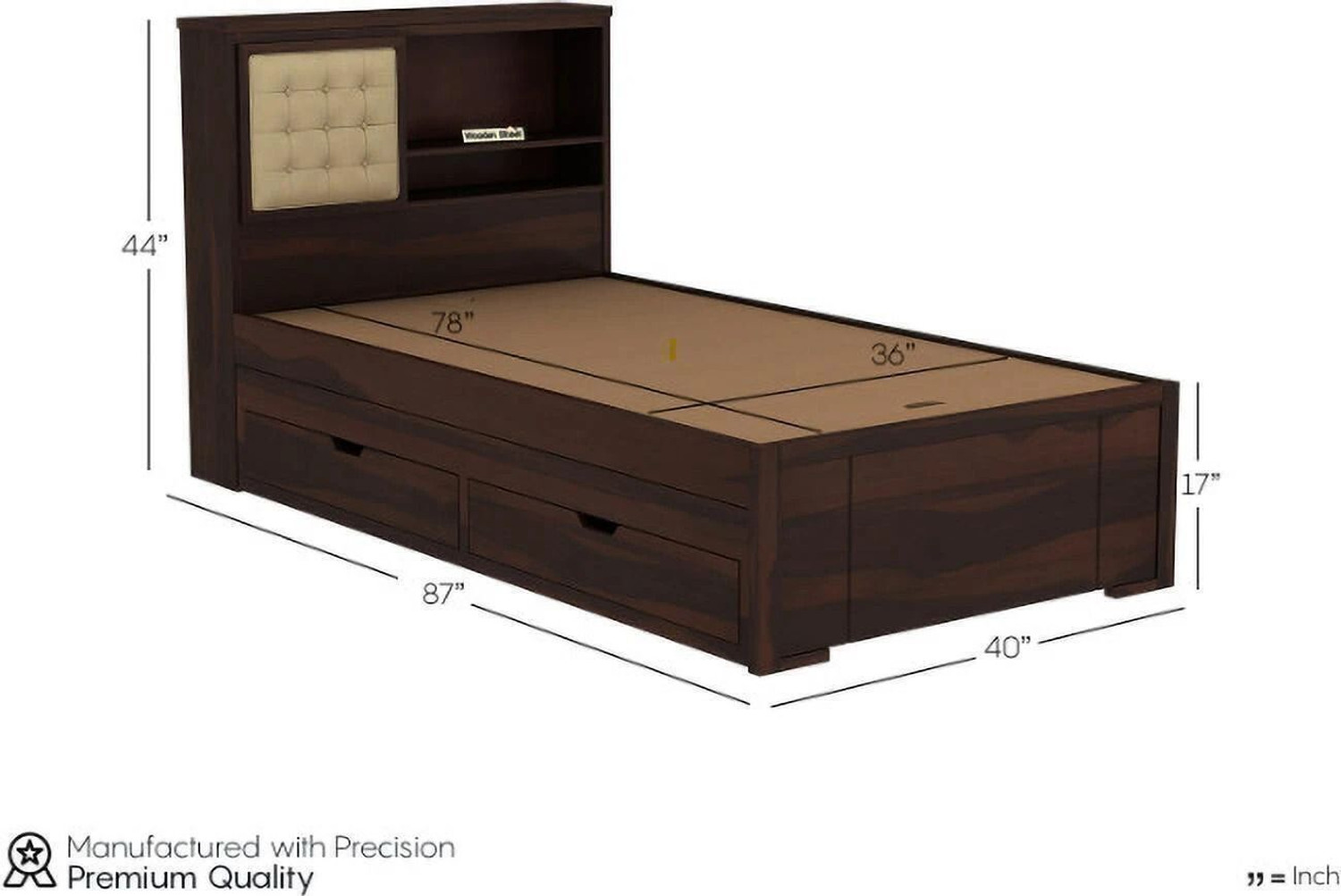 Image of Flipkart Perfect Homes Solid Wood Single Drawer Bed, 221 cm x 101.6 cm (7.25 ft x 3.33 ft) (Finish Color - Walnut Finish, Delivery Condition - DIY(Do-It-Yourself))