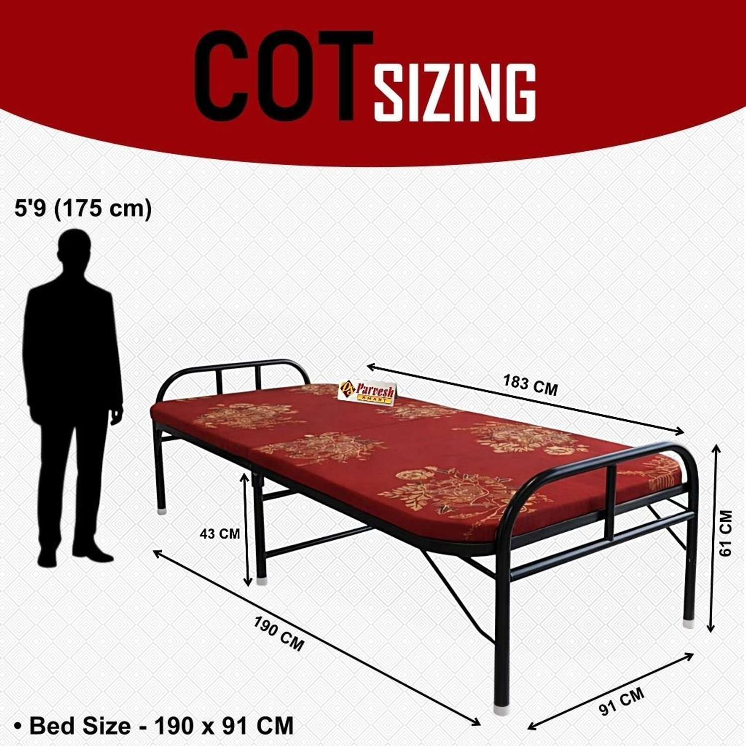 Image of PS PARVESH SMART Mattress bed Metal Single Bed, 183 cm x 92 cm (6.0 ft x 3.02 ft)