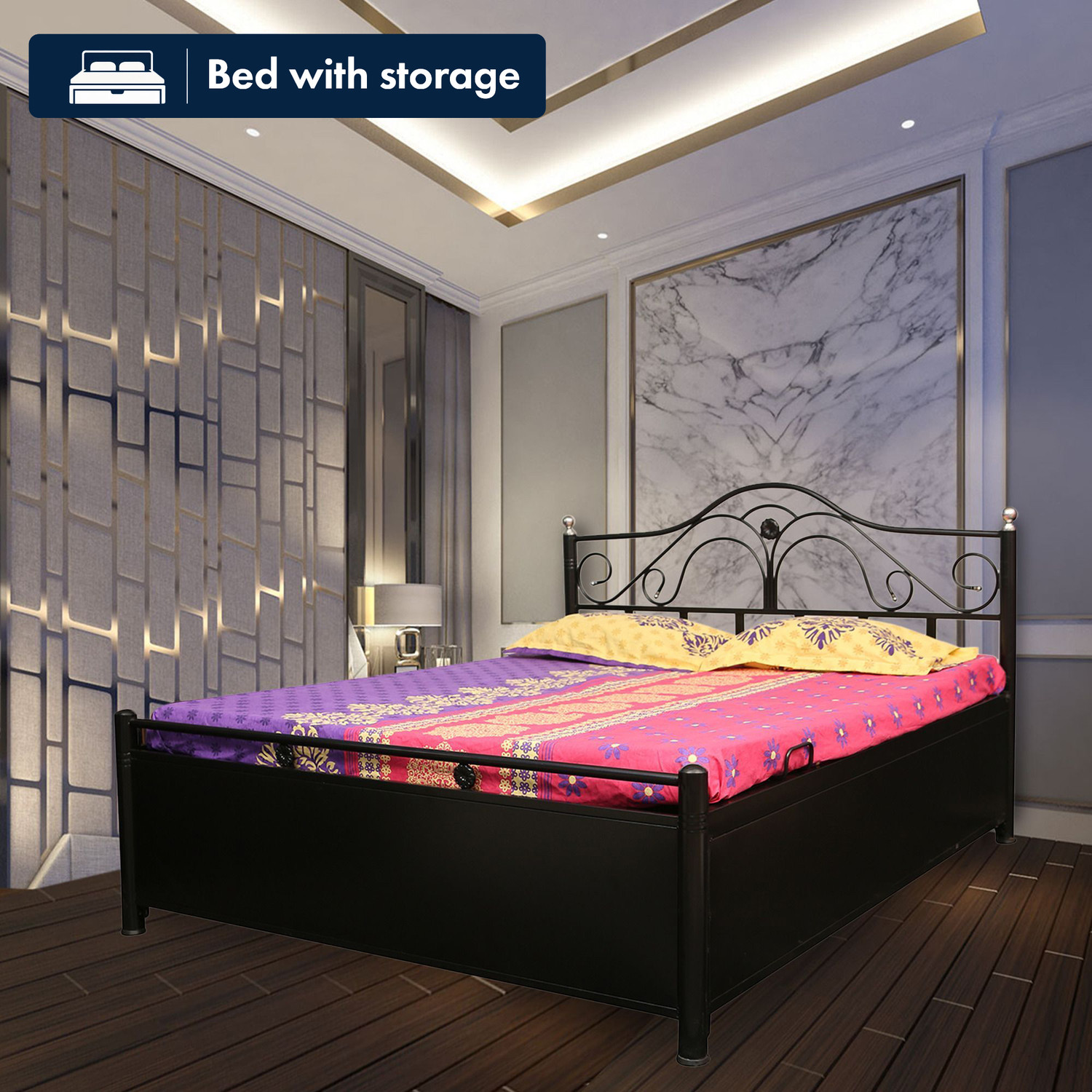 Image of Vibrant Interior Starcat Metal Queen Hydraulic Bed, 190.5 cm x 121.92 cm (6.25 ft x 4.0 ft)