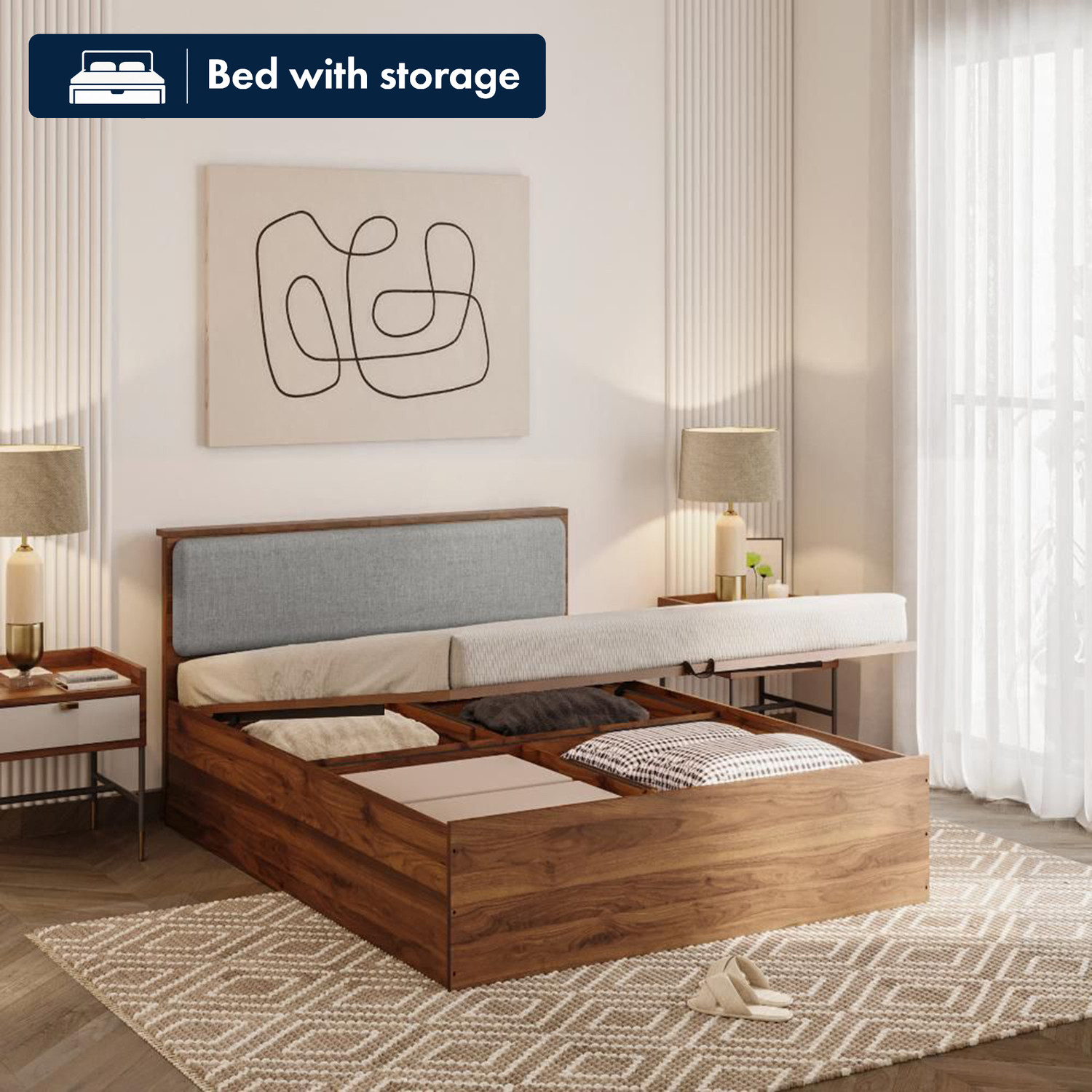 Image of Wakefit Taurus Engineered Wood Queen Hydraulic Bed, 209 cm x 156 cm (6.86 ft x 5.12 ft)
