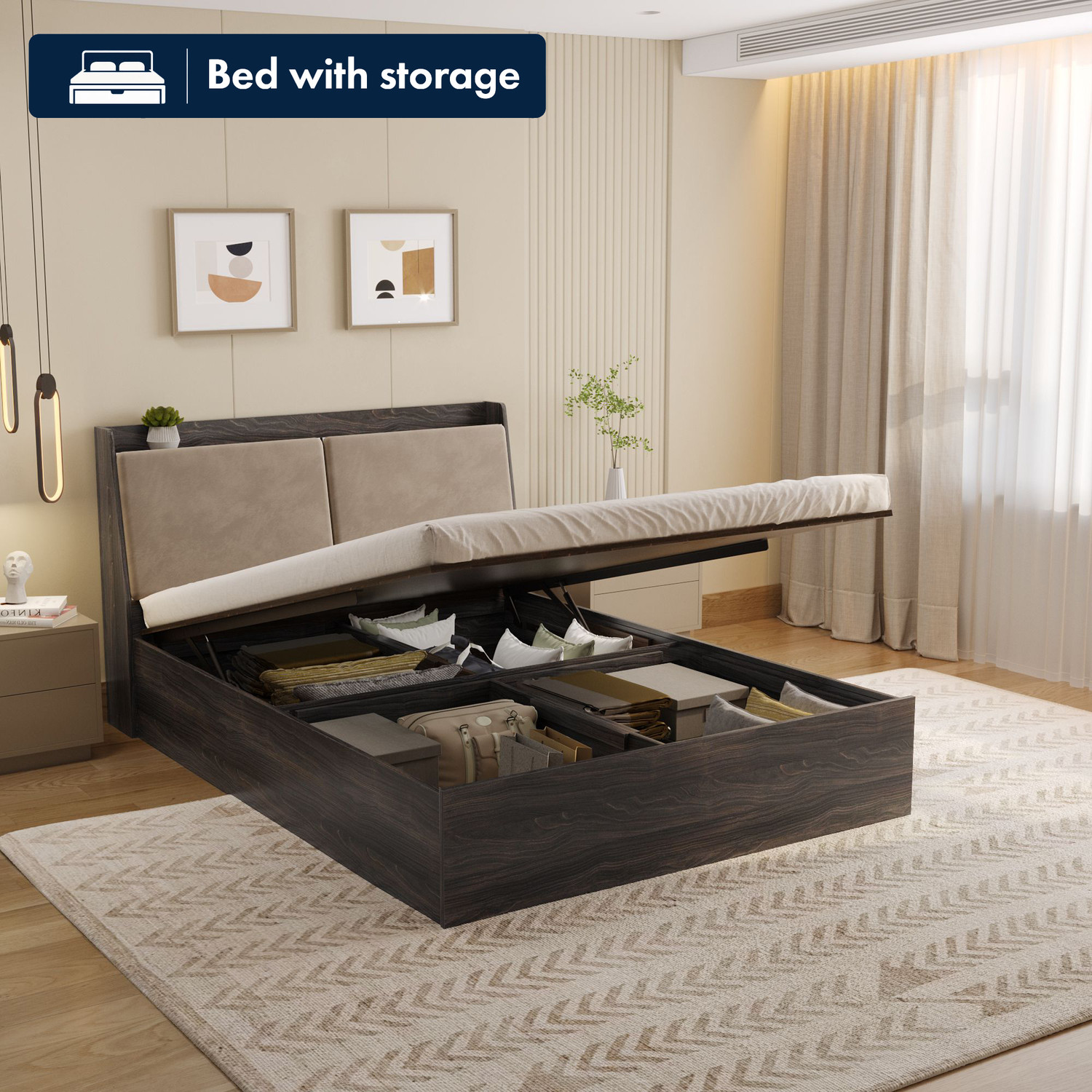 Image of Wakefit Mars Engineered Wood Queen Hydraulic Bed, 220 cm x 160.5 cm (7.22 ft x 5.27 ft)