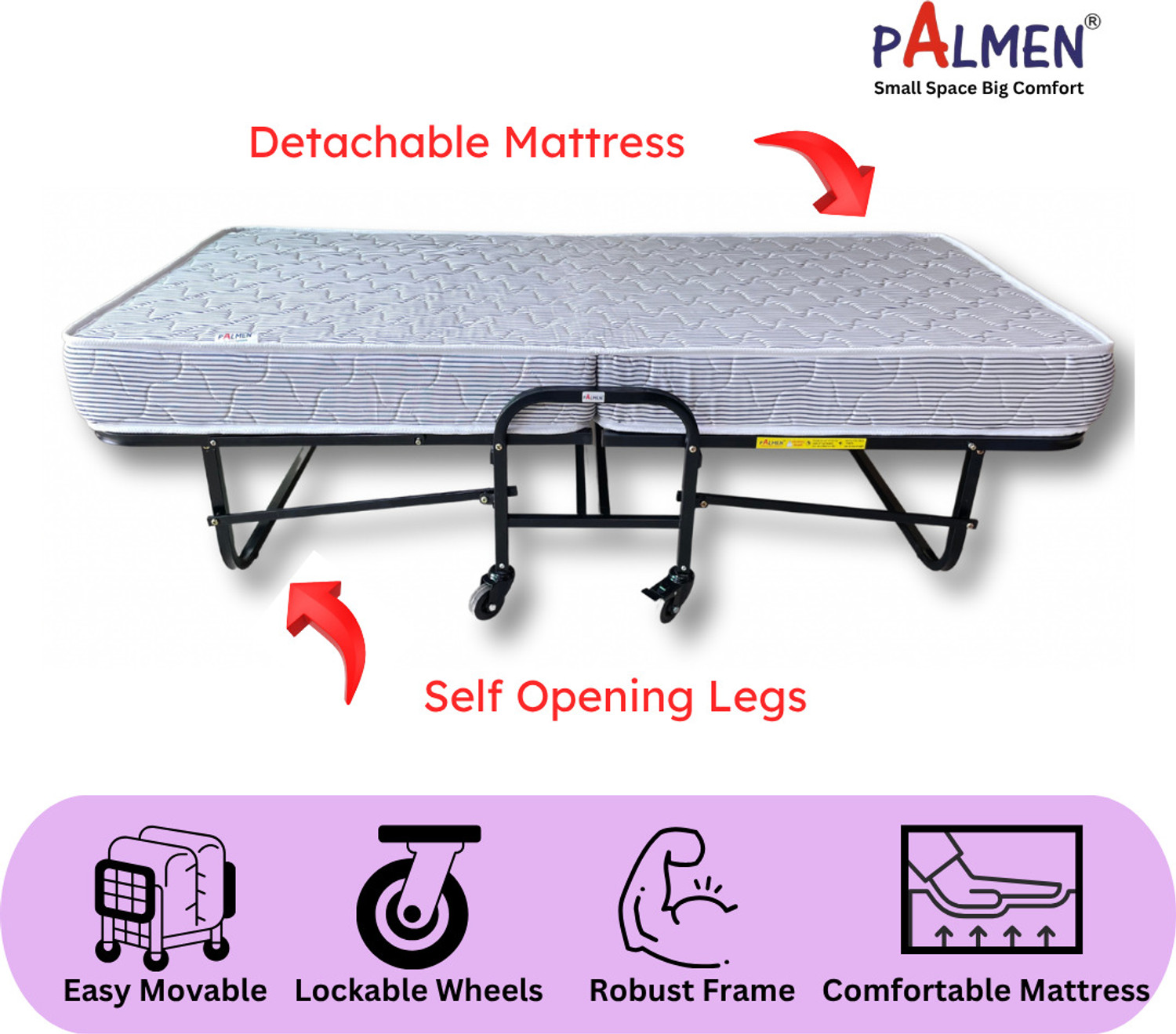 Image of Palmen Vento Folding Rollaway with 6 inches Foam Mattress Metal Single Bed, 190 cm x 91 cm (6.23 ft x 2.99 ft)