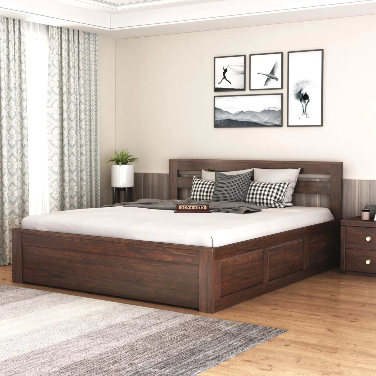 Image of SONA ART & CRAFTS Eros Sheesham Wood King Size Bed with Storage Box Solid Wood King Box Bed, 205.74 cm x 187.96 cm (6.75 ft x 6.17 ft)