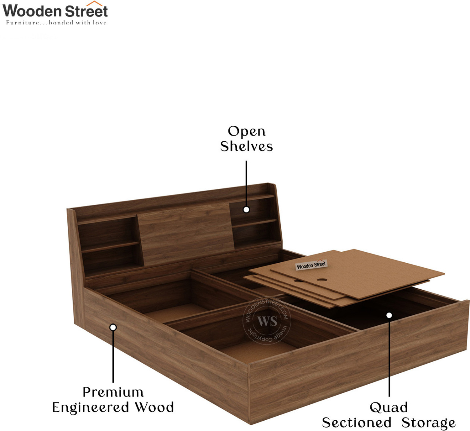 Image of Wooden Street Celestia Engineered Wood Bed With Hydraulic Storage (King Size, CWF) Engineered Wood King Box Bed, 208.2 cm x 187.9 cm (6.83 ft x 6.16 ft)