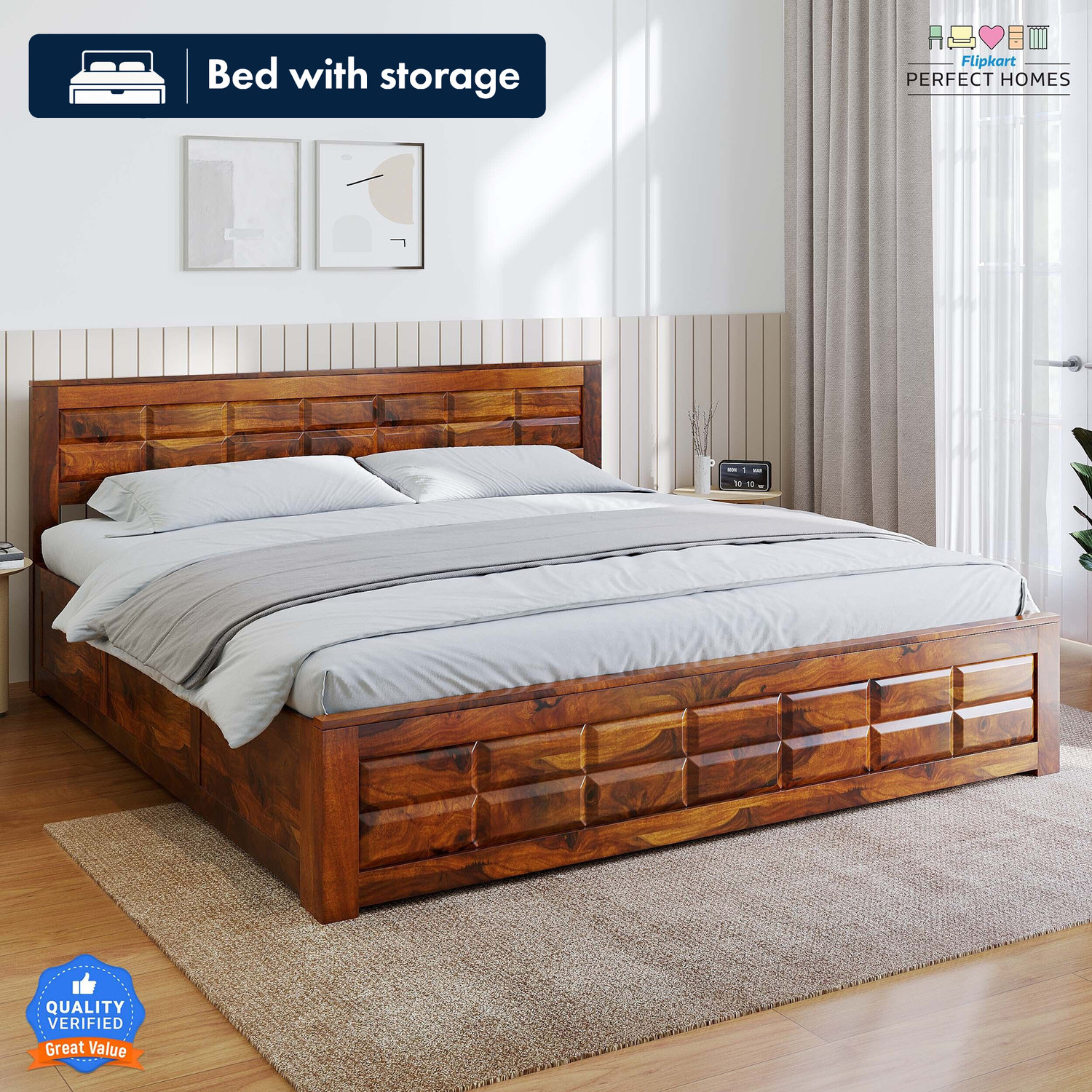 Image of Flipkart Perfect Homes Vigorous Solid Wood Queen Box Bed, 206 cm x 157 cm (6.76 ft x 5.15 ft)