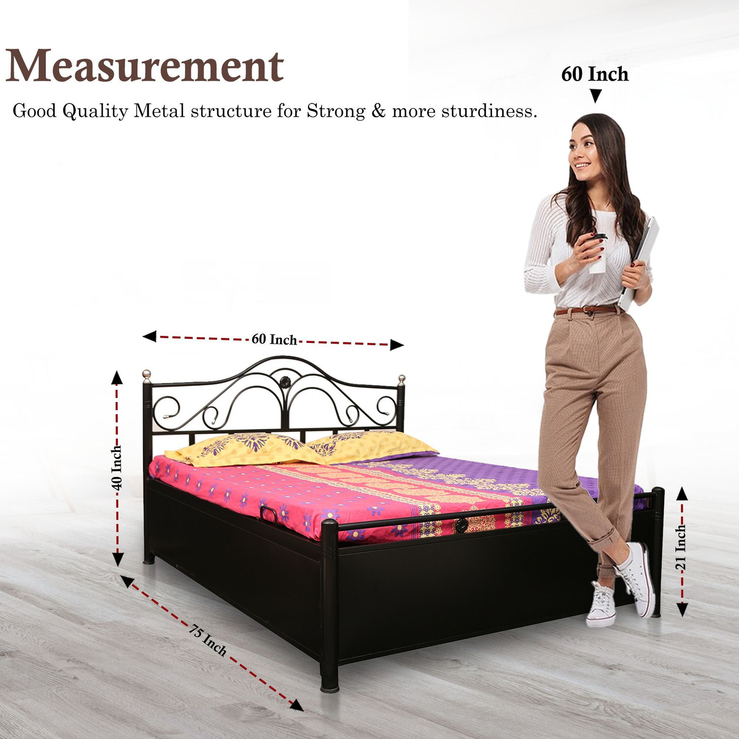 Image of Vibrant Interior Starcat Metal Queen Hydraulic Bed, 190.5 cm x 121.92 cm (6.25 ft x 4.0 ft)