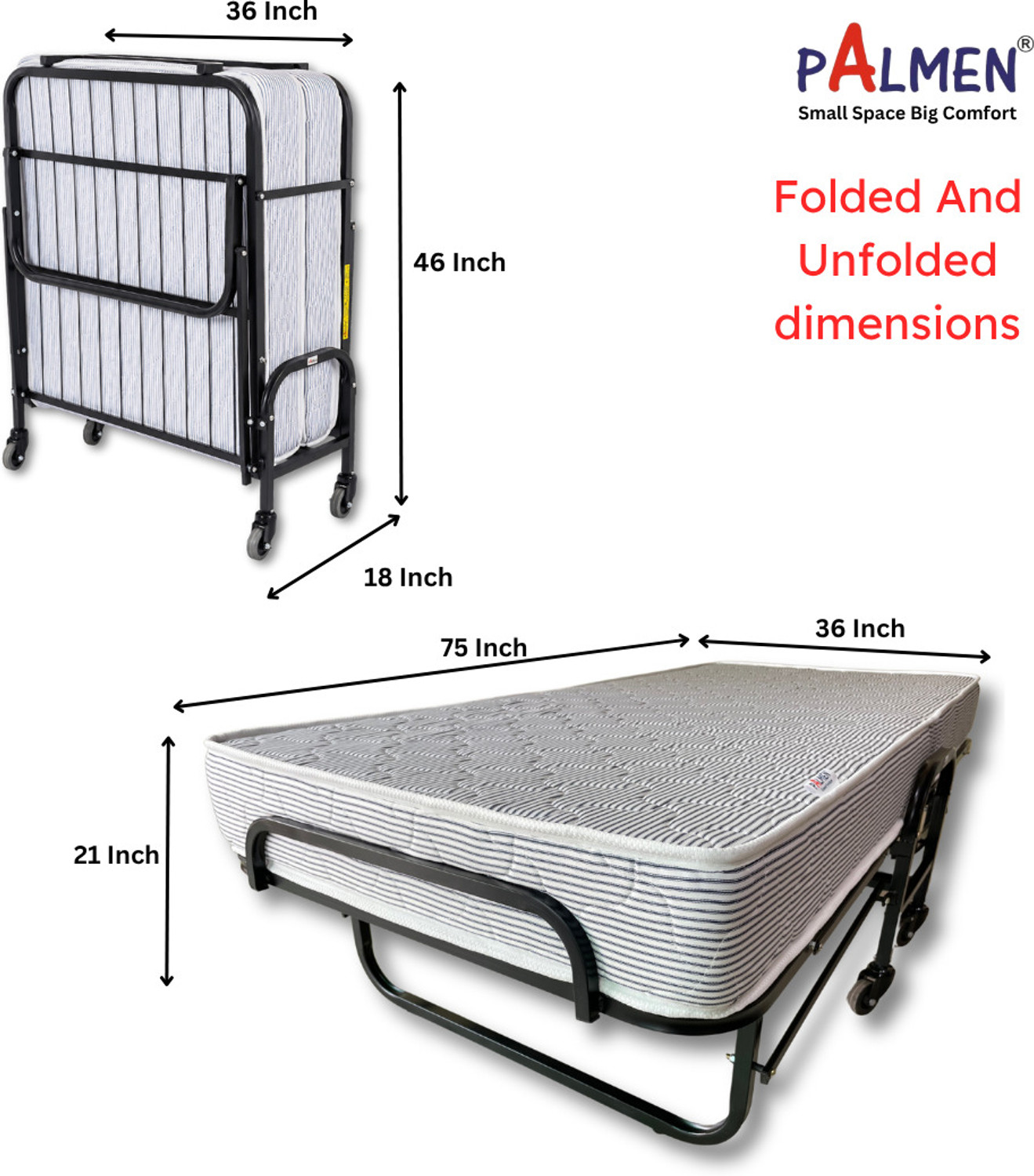 Image of Palmen Vento Folding Rollaway with 6 inches Foam Mattress Metal Single Bed, 190 cm x 91 cm (6.23 ft x 2.99 ft)