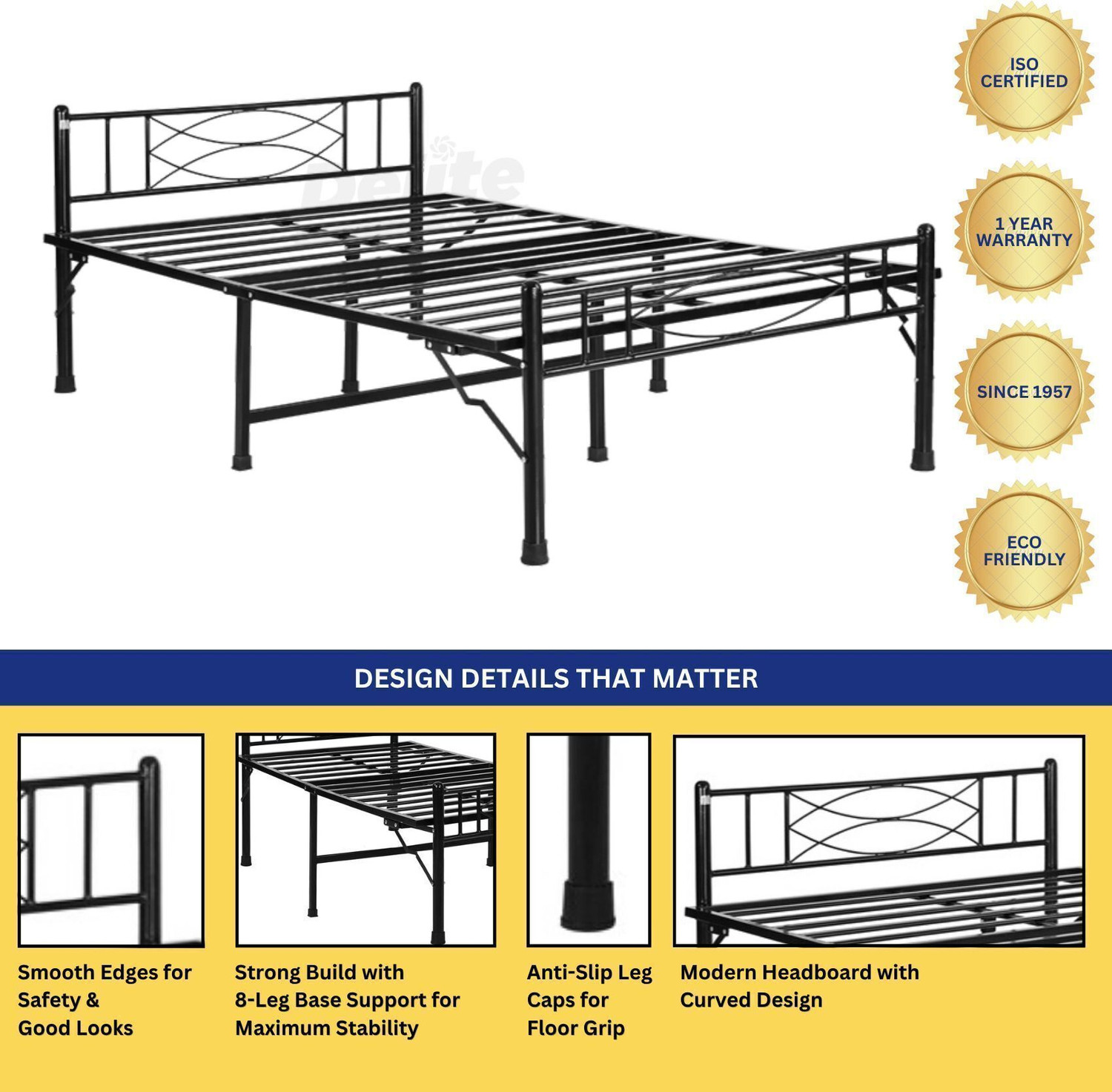 Image of Delite Kom Halo Foldable Metal Queen Bed (6.7x5ft) | Heavy Load | 1 Year Warranty | Strong Metal Queen Bed, 204.5 cm x 152 cm (6.71 ft x 4.99 ft)