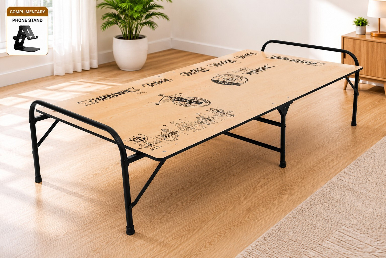 Image of RAMB Premium Folding Bed with Phone Stand | Portable Space Saving Cot for Home Solid Wood Single Bed, 183 cm x 92 cm (6.0 ft x 3.02 ft)