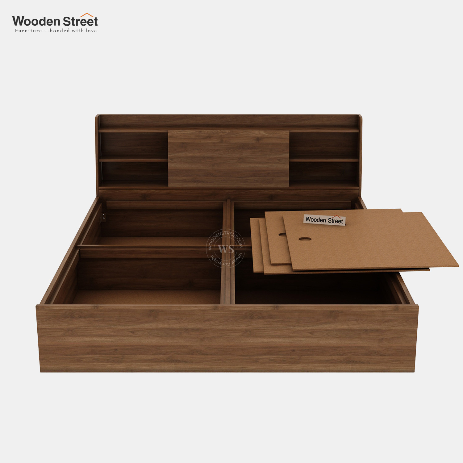 Image of Wooden Street Celestia Engineered Wood Bed With Hydraulic Storage (King Size, CWF) Engineered Wood King Box Bed, 208.2 cm x 187.9 cm (6.83 ft x 6.16 ft)