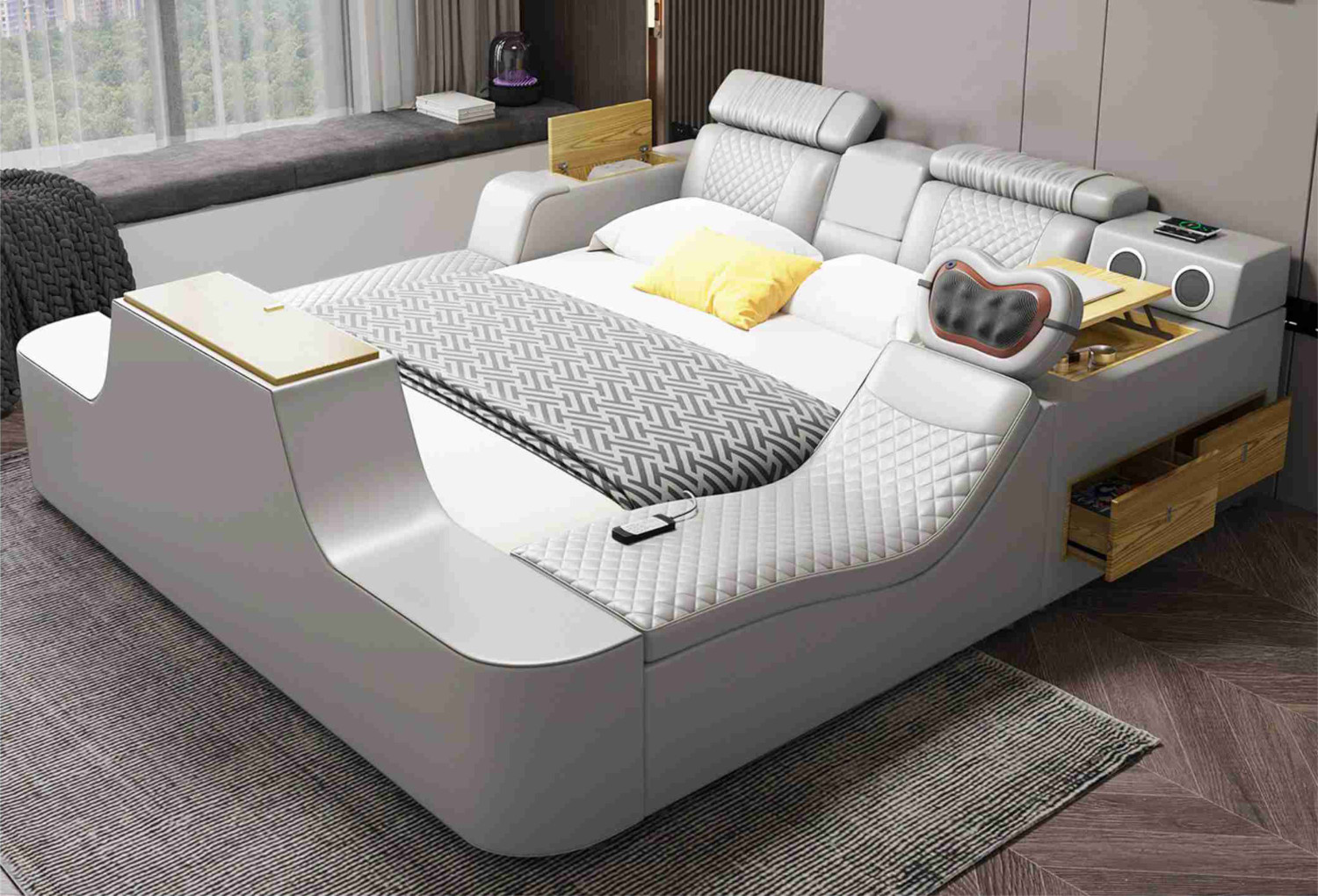 Image of alishaank MULTI FUNCTIONAL SMART BED WITH SMART T.V. BODY MASSAGER MUSIC SYSTEM Etc. Solid Wood King Box, Hydraulic Bed, 185 cm x 185 cm (6.07 ft x 6.07 ft)