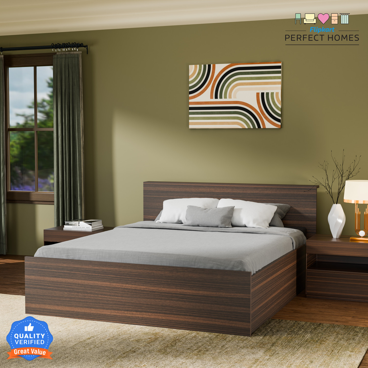 Image of Flipkart Perfect Homes Elysian Engineered Wood Queen Box Bed, 159 cm x 203.8 cm (5.22 ft x 6.69 ft)