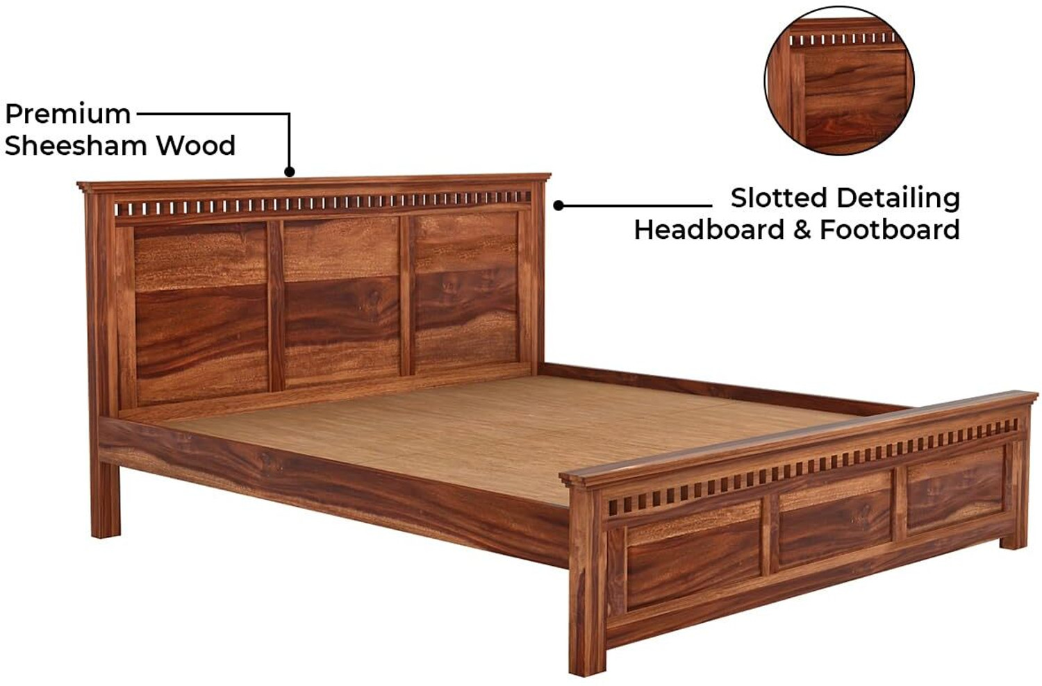 Image of Bedroots Pure Sheesham King Size Bed Solid Wood King Bed, 208 cm x 190 cm (6.82 ft x 6.23 ft)