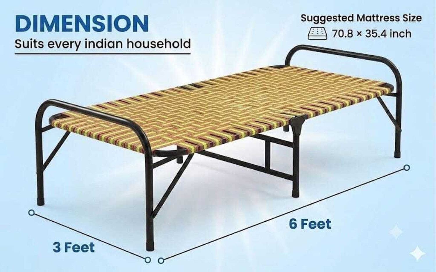 Image of Malik Enterprises Folding Cot Single Bed Metal Frame Sleeping Cot Heavy Duty Foldable Charpai Metal Single Bed, 180 cm x 90 cm (5.91 ft x 2.95 ft) (Finish Color - Red Yellow, Delivery Condition - Pre-assembled)